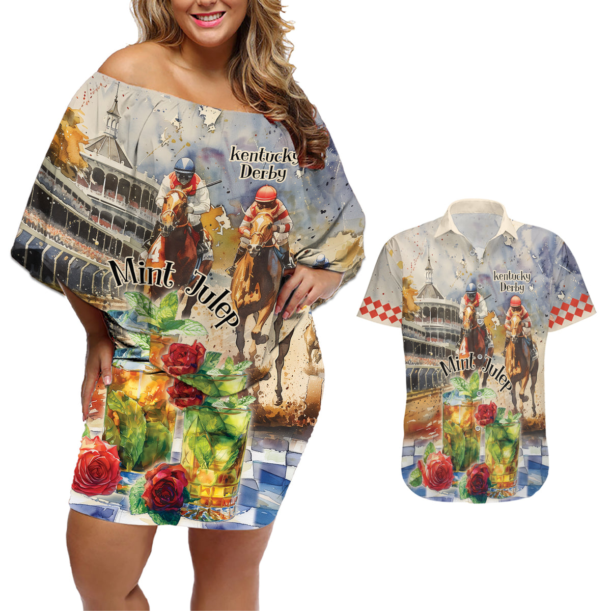 Personalized Kentucky Horse Race Couples Matching Off Shoulder Short Dress and Hawaiian Shirt With Mint Julep Cocktail LT9 - Wonder Print Shop