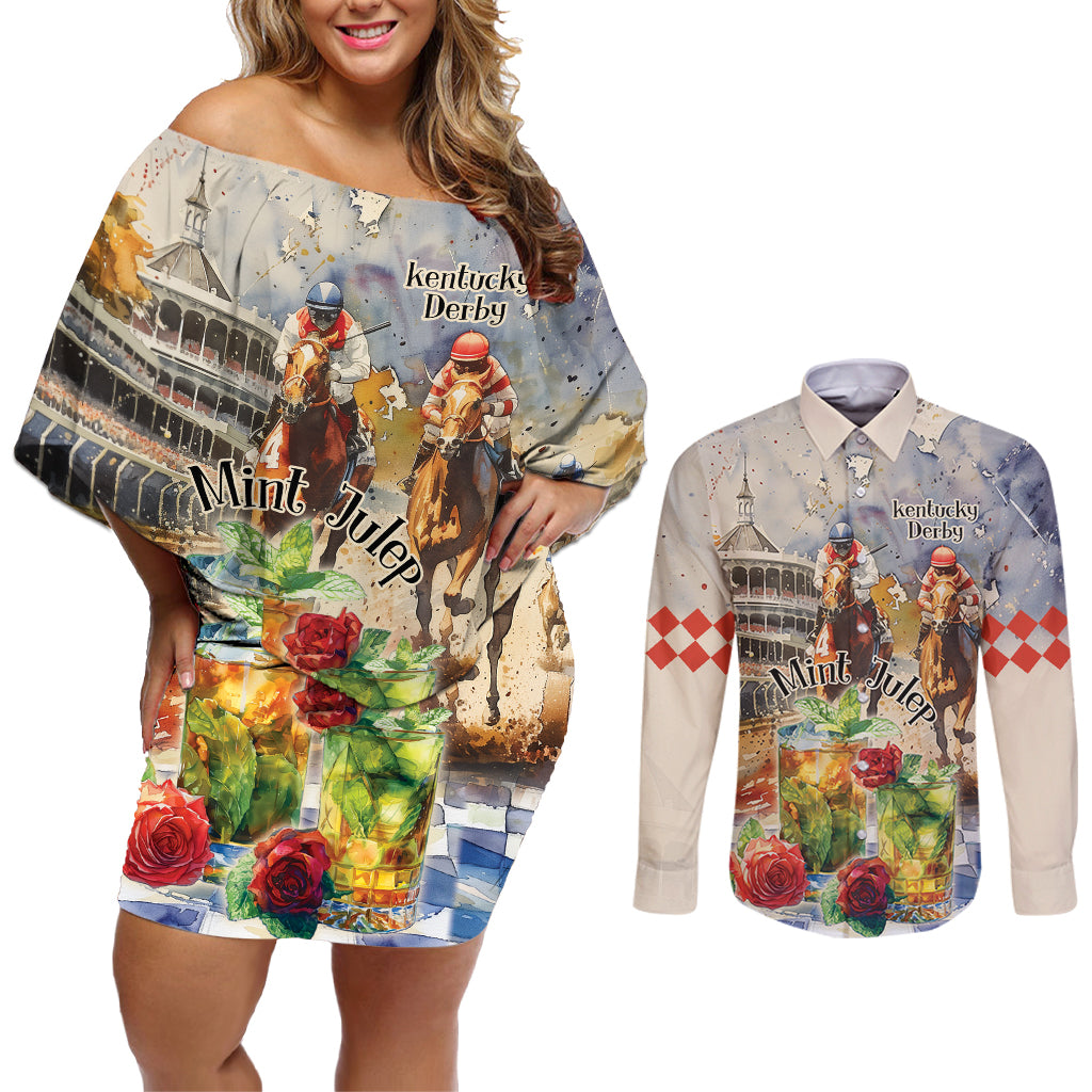 Personalized Kentucky Horse Race Couples Matching Off Shoulder Short Dress and Long Sleeve Button Shirt With Mint Julep Cocktail LT9 - Wonder Print Shop