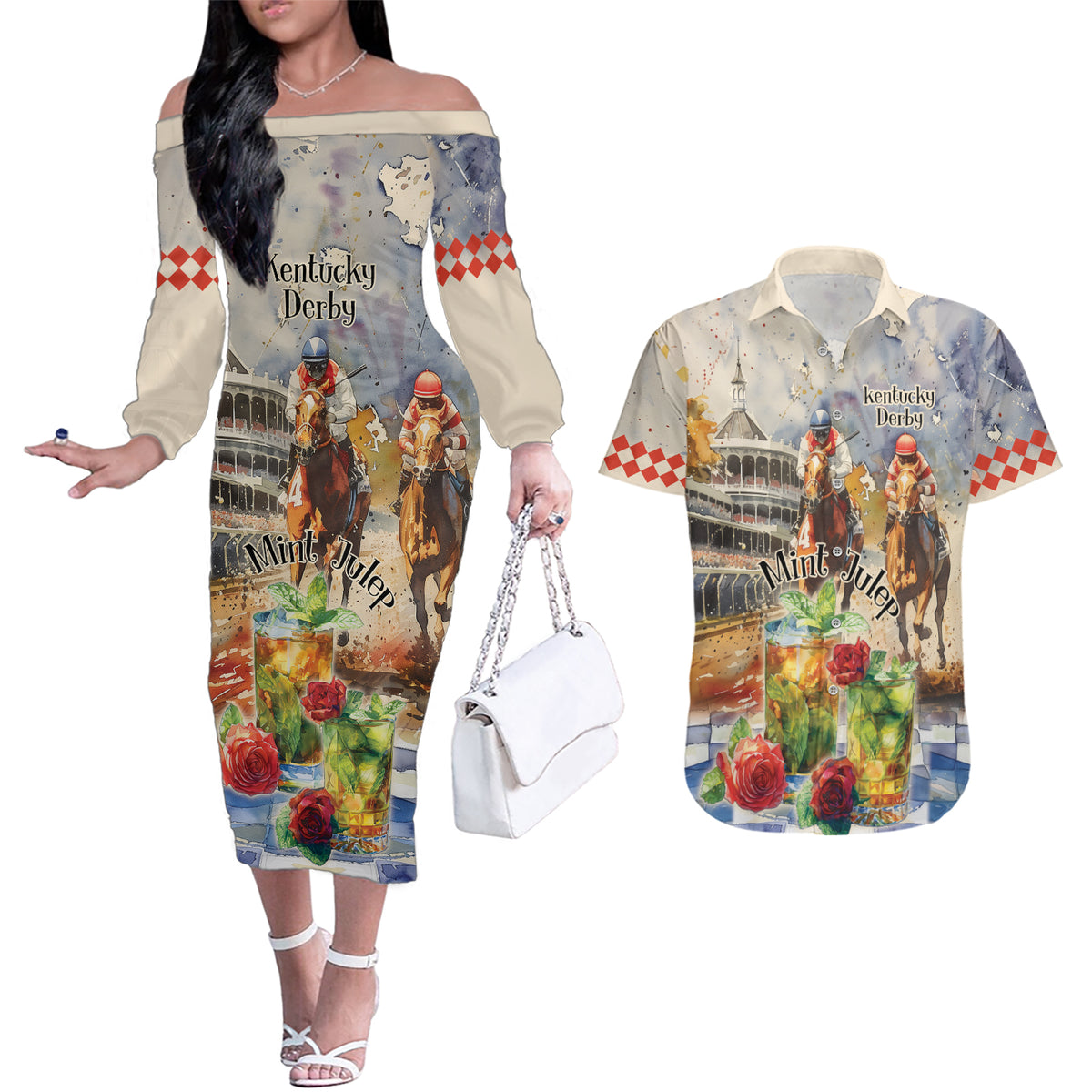 Personalized Kentucky Horse Race Couples Matching Off The Shoulder Long Sleeve Dress and Hawaiian Shirt With Mint Julep Cocktail LT9 - Wonder Print Shop