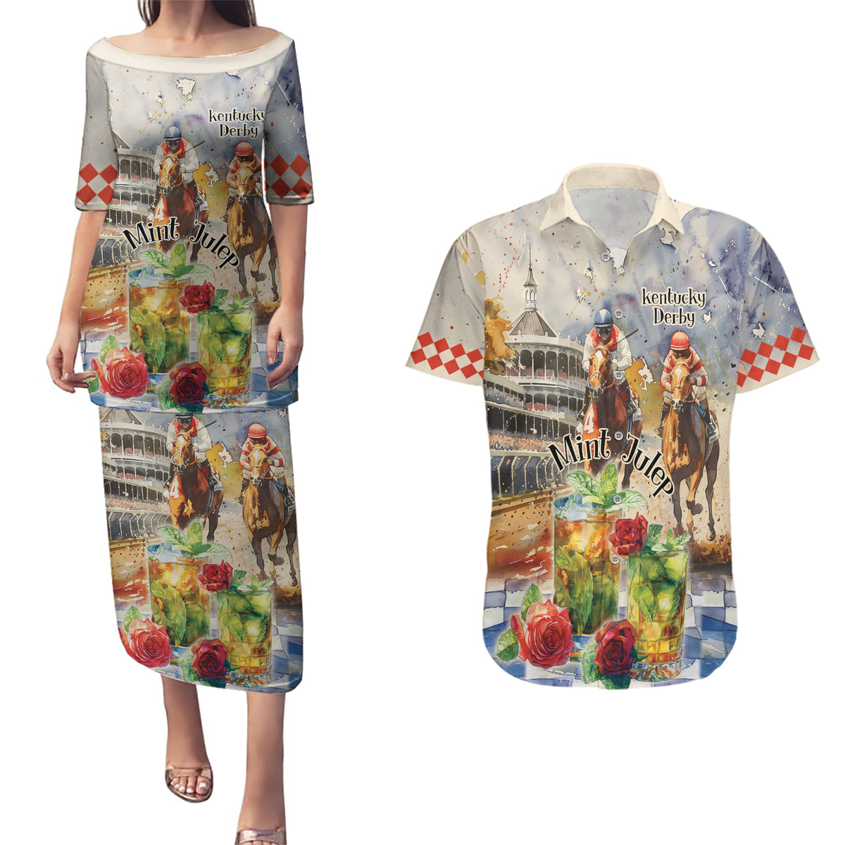 Personalized Kentucky Horse Race Couples Matching Puletasi and Hawaiian Shirt With Mint Julep Cocktail LT9 - Wonder Print Shop