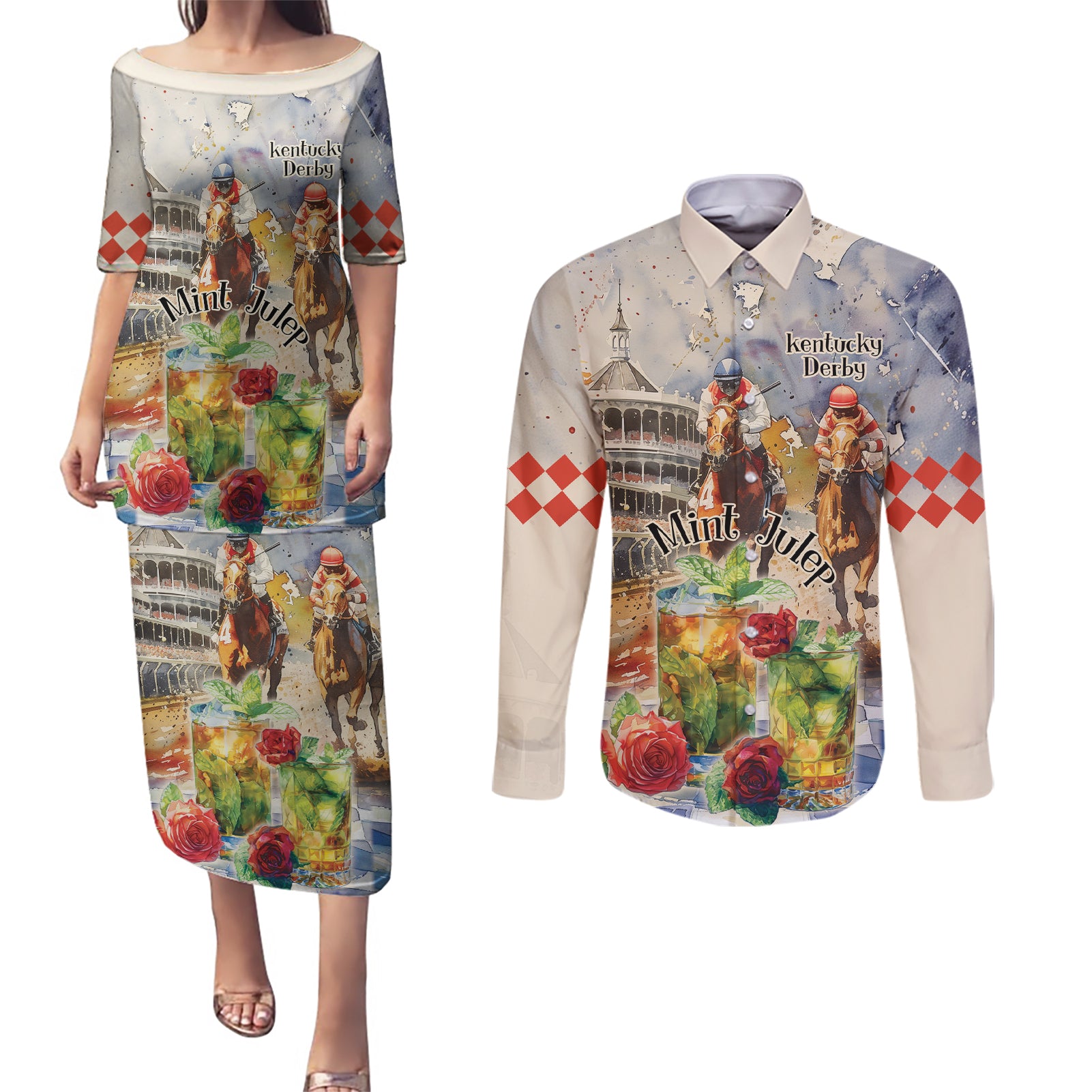 Personalized Kentucky Horse Race Couples Matching Puletasi and Long Sleeve Button Shirt With Mint Julep Cocktail LT9 - Wonder Print Shop