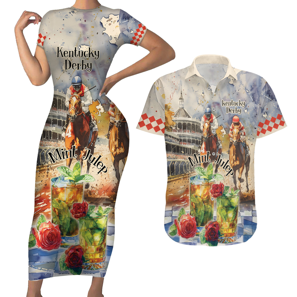 Personalized Kentucky Horse Race Couples Matching Short Sleeve Bodycon Dress and Hawaiian Shirt With Mint Julep Cocktail LT9 - Wonder Print Shop