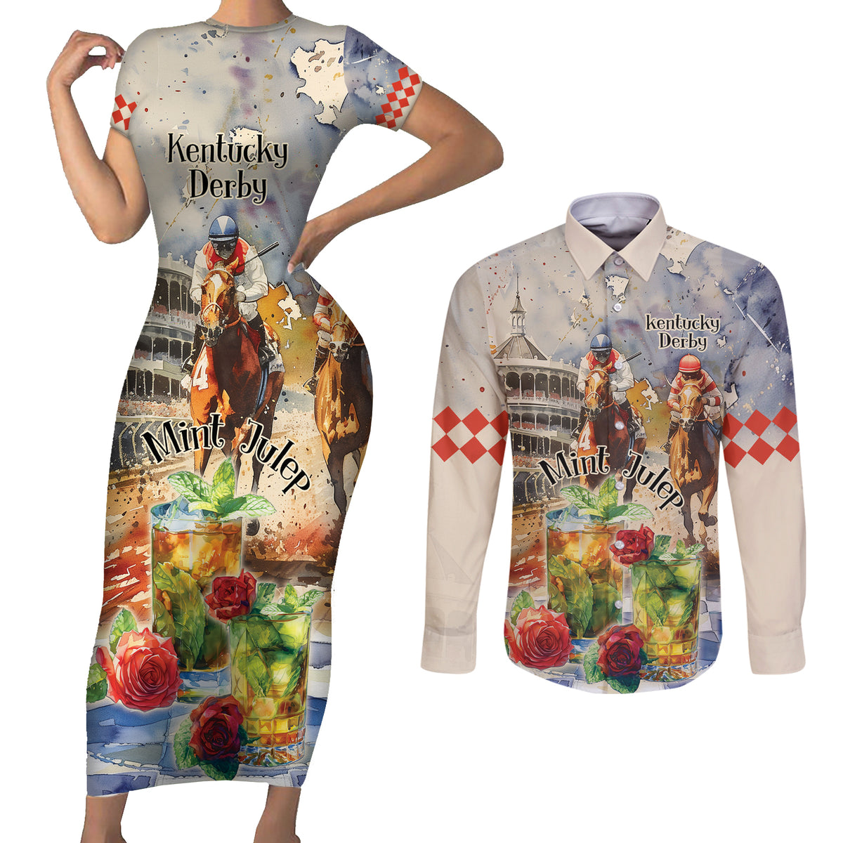 Personalized Kentucky Horse Race Couples Matching Short Sleeve Bodycon Dress and Long Sleeve Button Shirt With Mint Julep Cocktail LT9 - Wonder Print Shop