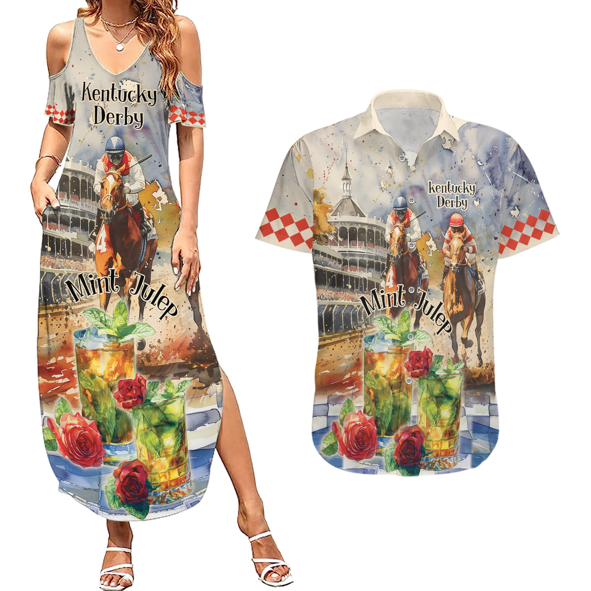 Personalized Kentucky Horse Race Couples Matching Summer Maxi Dress and Hawaiian Shirt With Mint Julep Cocktail LT9 - Wonder Print Shop