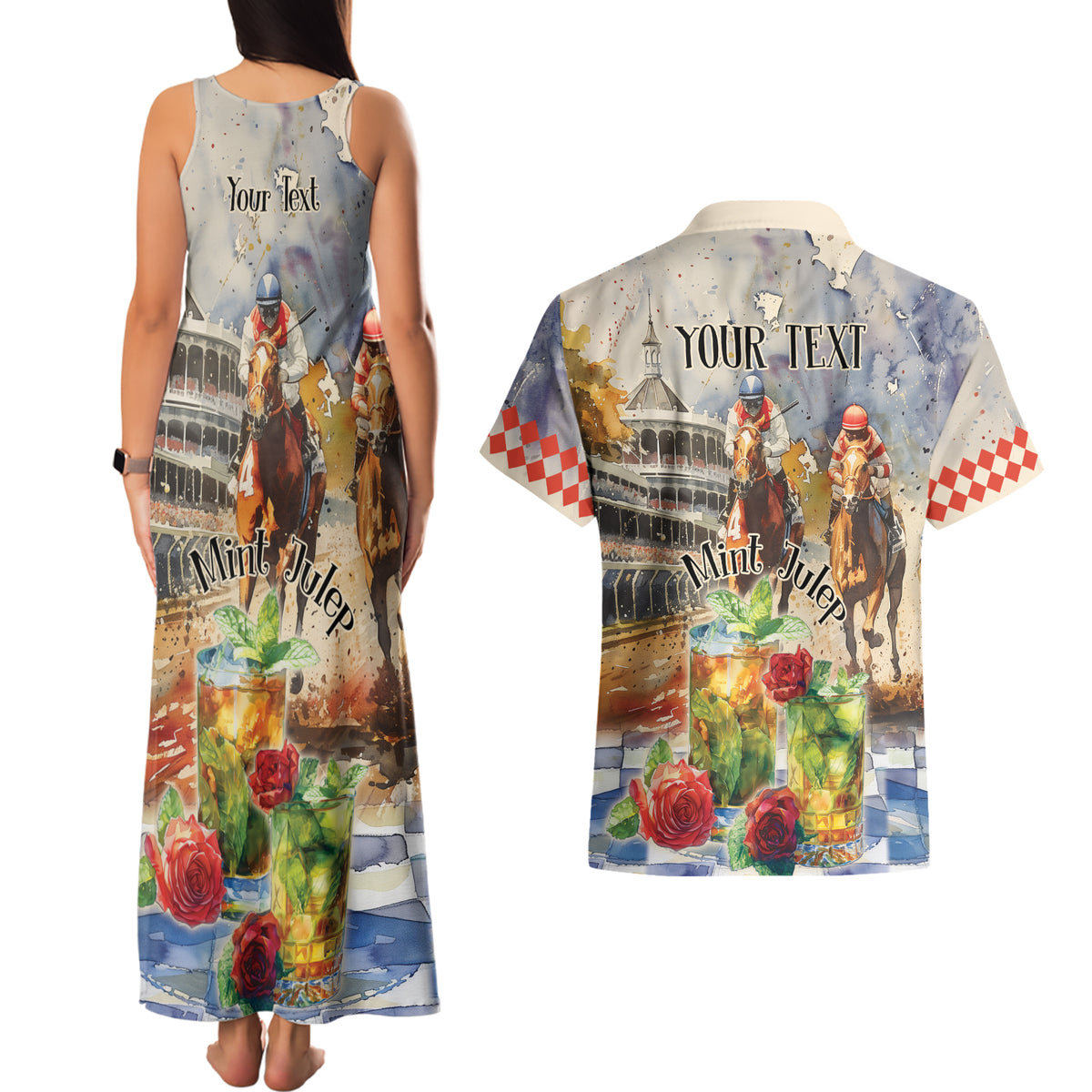Personalized Kentucky Horse Race Couples Matching Tank Maxi Dress and Hawaiian Shirt With Mint Julep Cocktail LT9 - Wonder Print Shop
