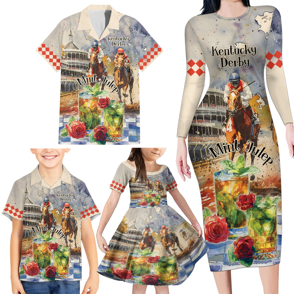 Personalized Kentucky Horse Race Family Matching Long Sleeve Bodycon Dress and Hawaiian Shirt With Mint Julep Cocktail LT9 - Wonder Print Shop