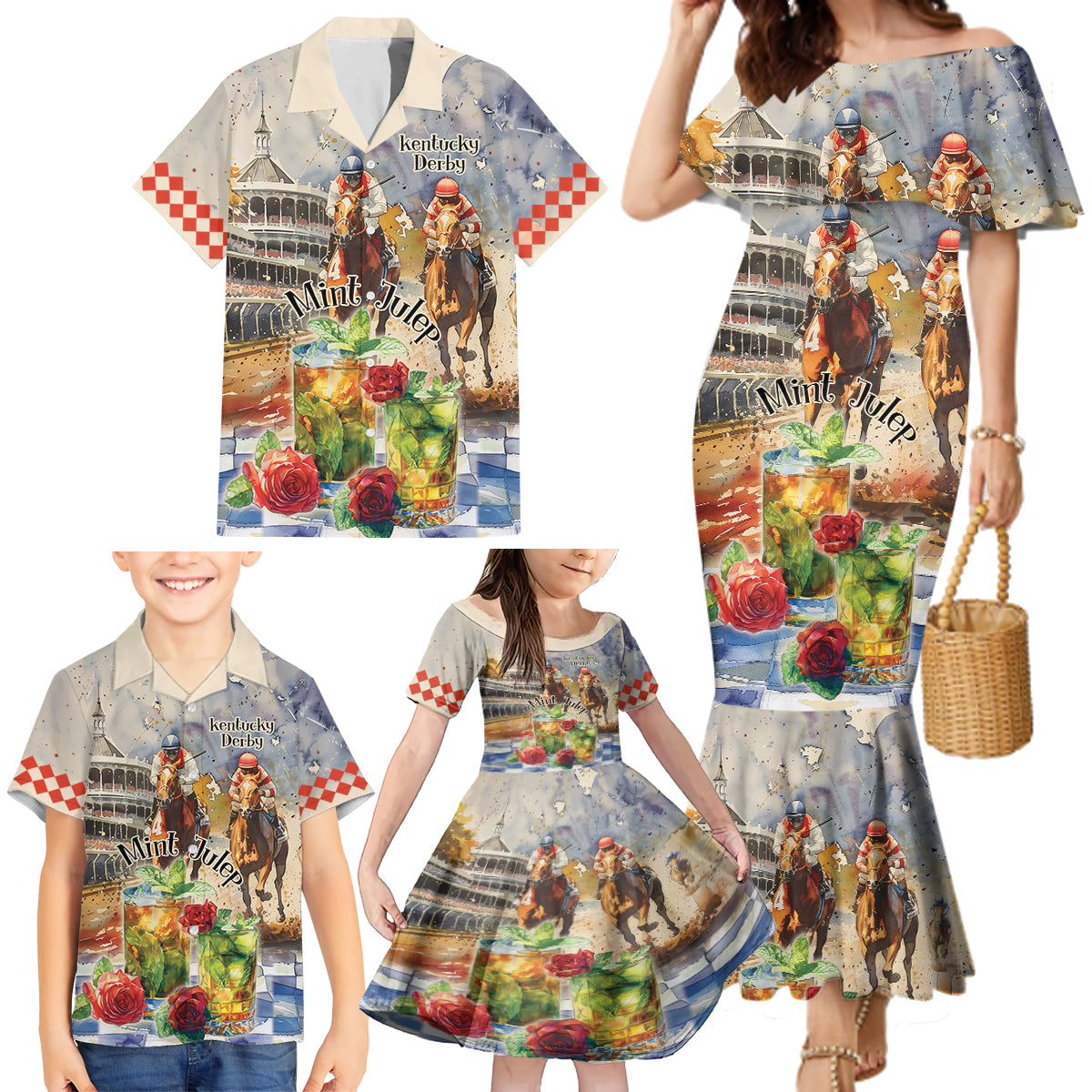 Personalized Kentucky Horse Race Family Matching Mermaid Dress and Hawaiian Shirt With Mint Julep Cocktail LT9 - Wonder Print Shop