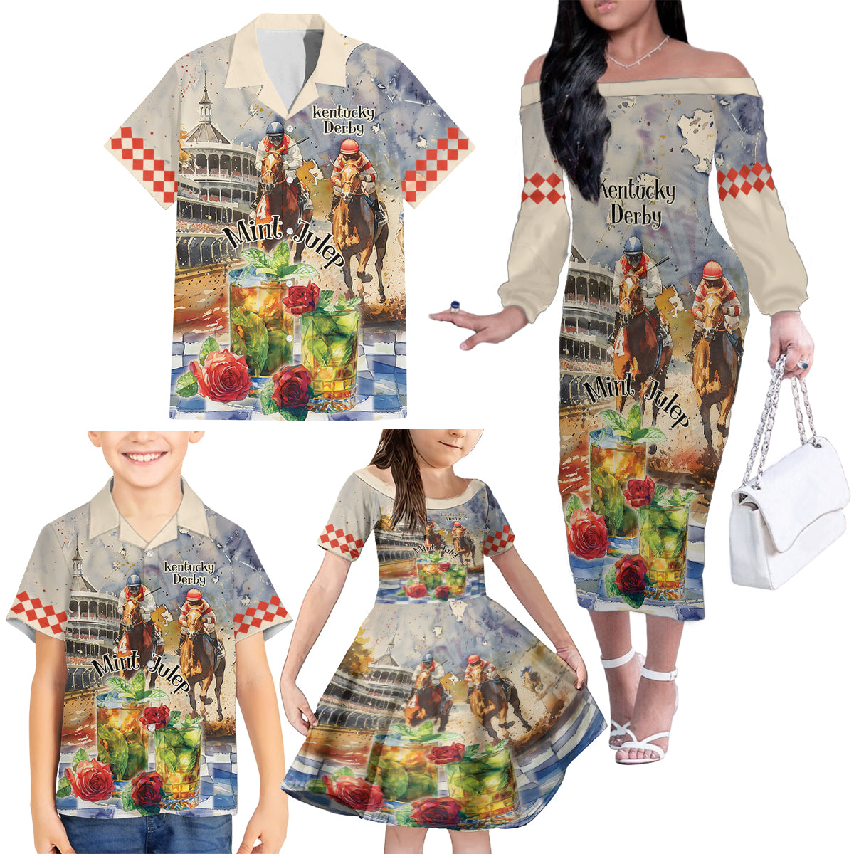 Personalized Kentucky Horse Race Family Matching Off The Shoulder Long Sleeve Dress and Hawaiian Shirt With Mint Julep Cocktail - Wonder Print Shop