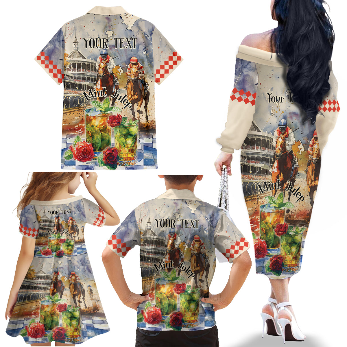 Personalized Kentucky Horse Race Family Matching Off The Shoulder Long Sleeve Dress and Hawaiian Shirt With Mint Julep Cocktail - Wonder Print Shop