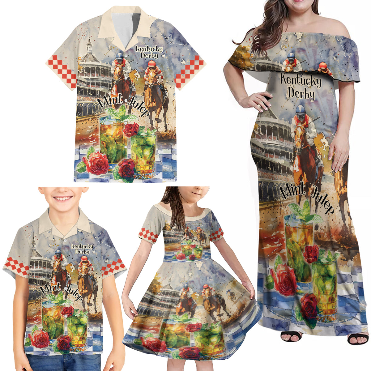 Personalized Kentucky Horse Race Family Matching Off Shoulder Maxi Dress and Hawaiian Shirt With Mint Julep Cocktail LT9 - Wonder Print Shop