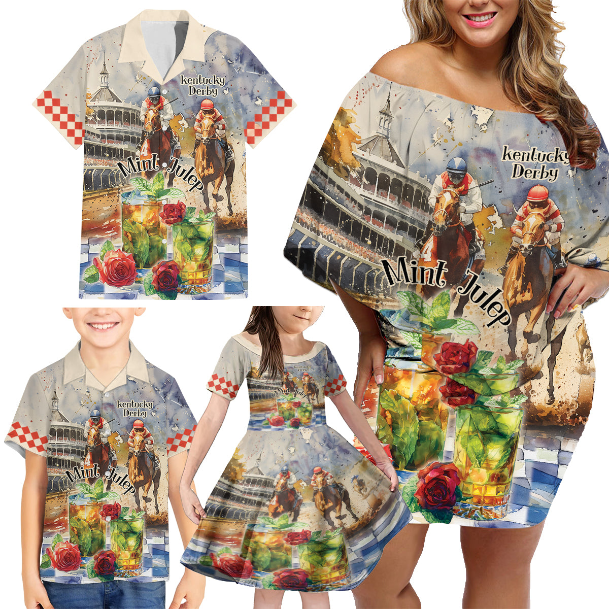 Personalized Kentucky Horse Race Family Matching Off Shoulder Short Dress and Hawaiian Shirt With Mint Julep Cocktail LT9 - Wonder Print Shop