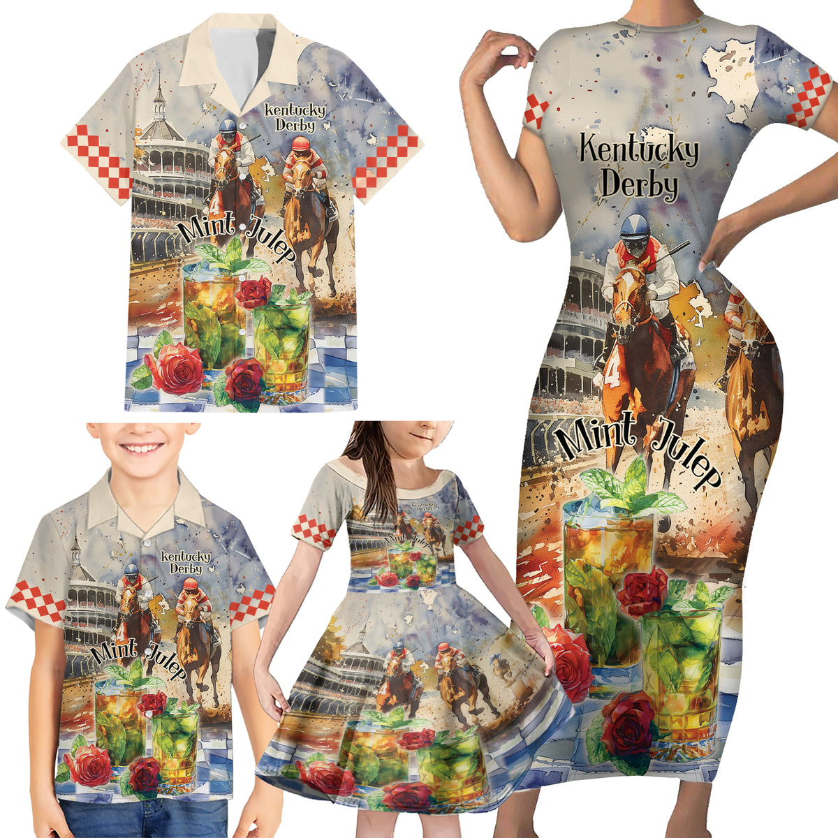 Personalized Kentucky Horse Race Family Matching Short Sleeve Bodycon Dress and Hawaiian Shirt With Mint Julep Cocktail - Wonder Print Shop