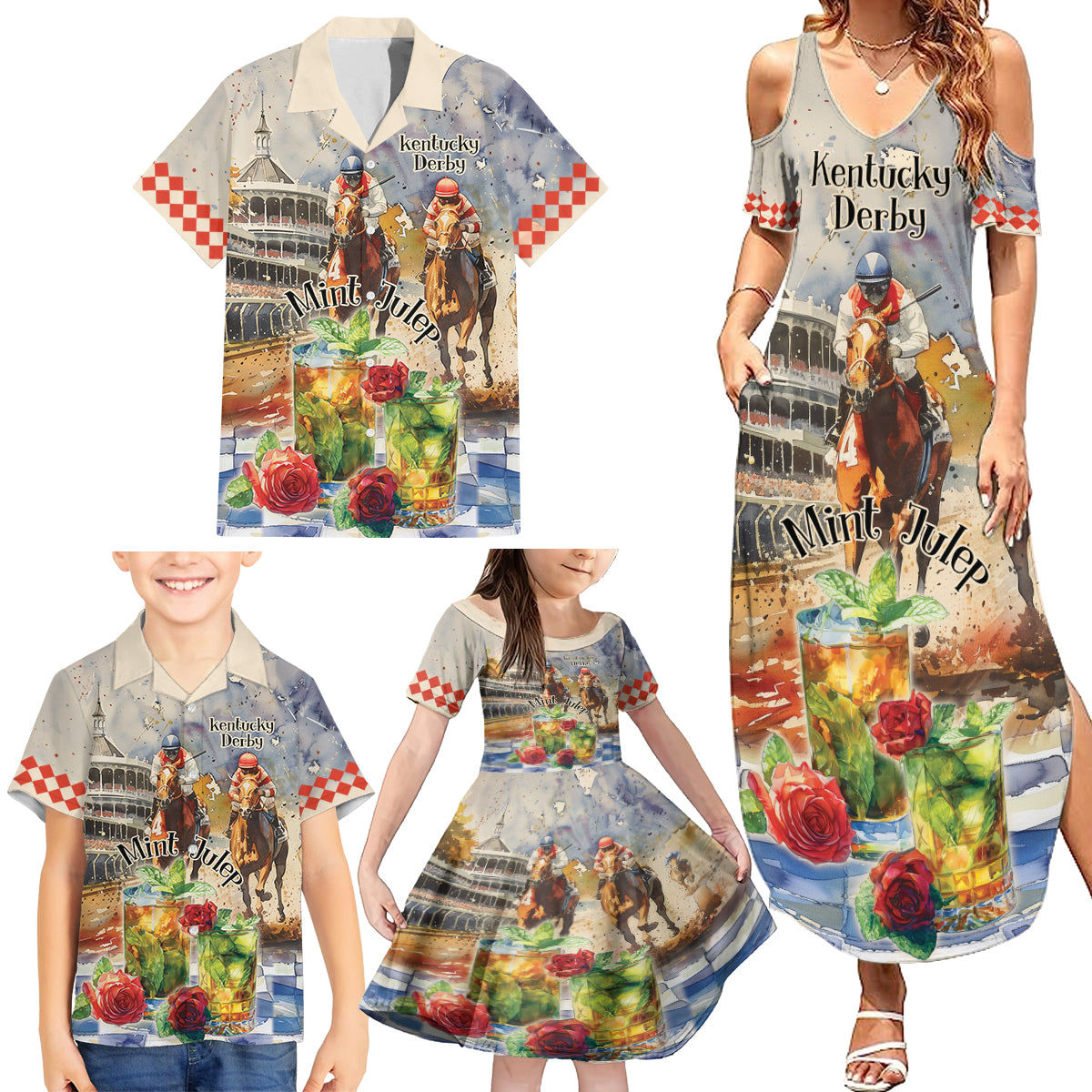 Personalized Kentucky Horse Race Family Matching Summer Maxi Dress and Hawaiian Shirt With Mint Julep Cocktail - Wonder Print Shop