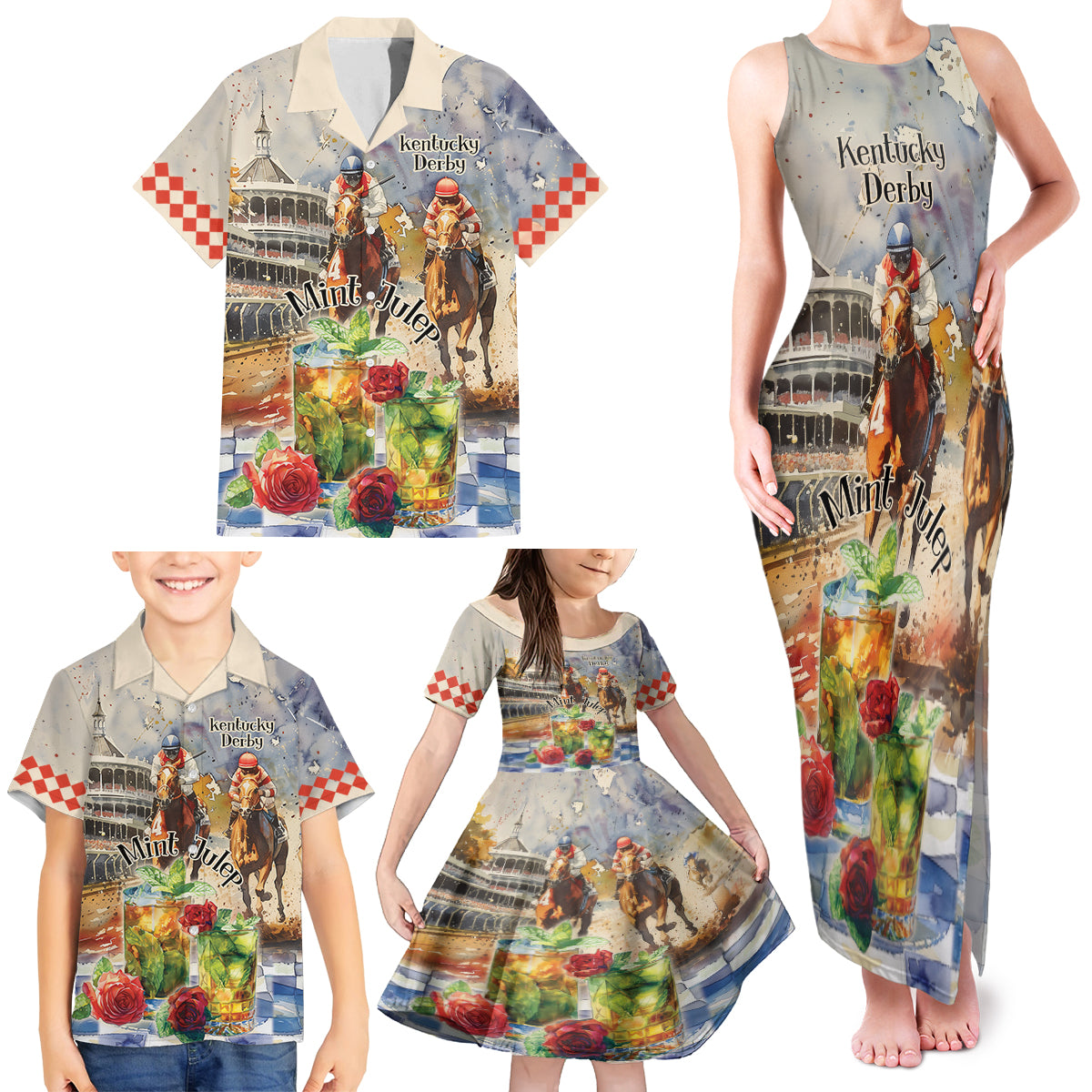 Personalized Kentucky Horse Race Family Matching Tank Maxi Dress and Hawaiian Shirt With Mint Julep Cocktail - Wonder Print Shop