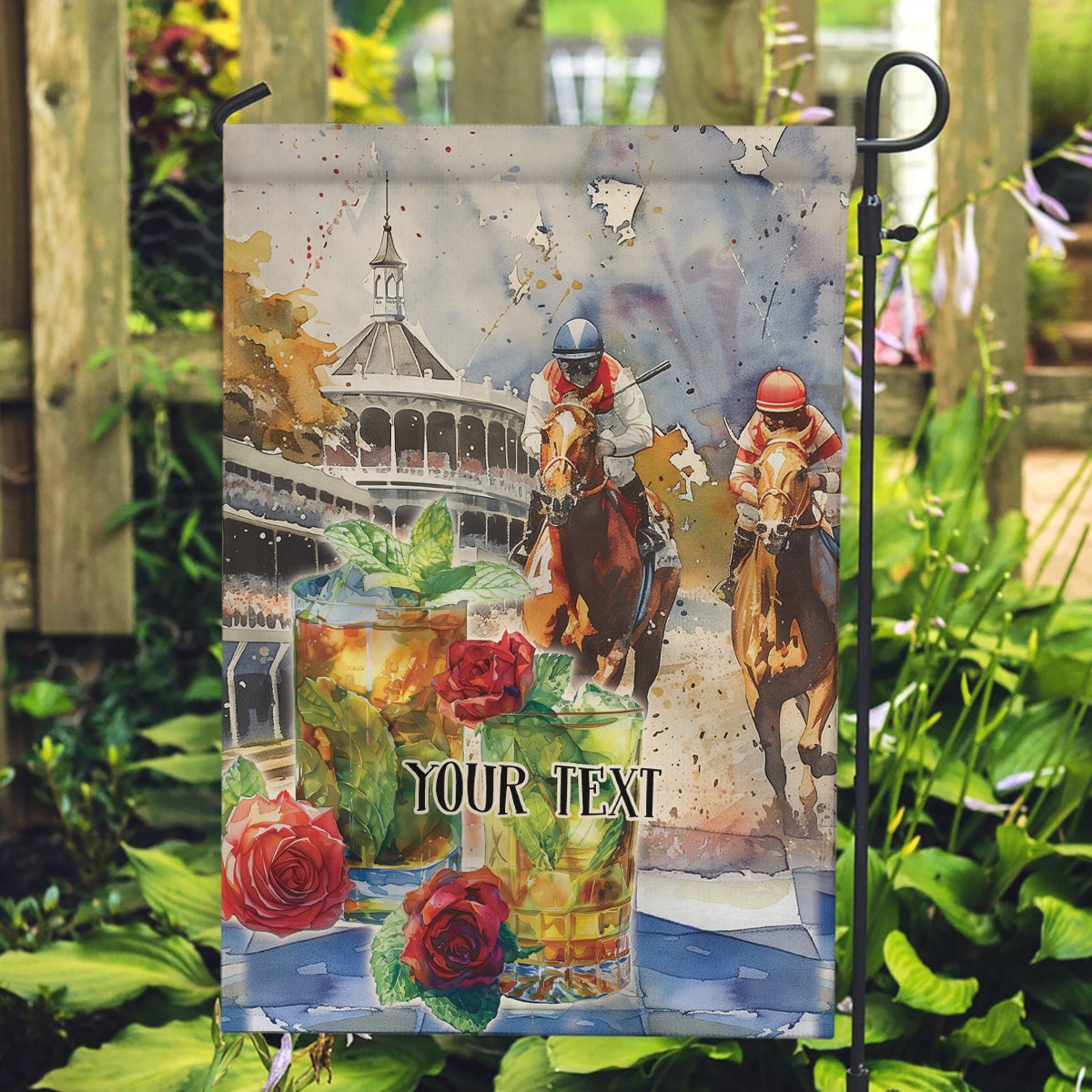 Personalized Kentucky Horse Race Garden Flag With Mint Julep Cocktail - Wonder Print Shop