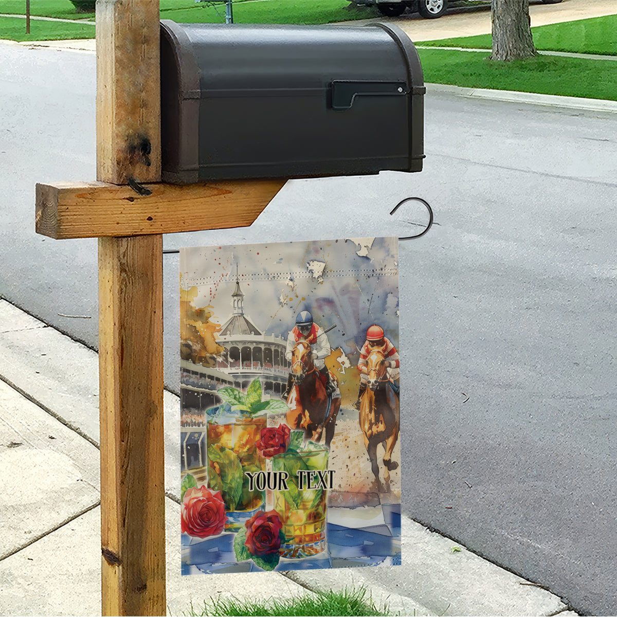 Personalized Kentucky Horse Race Garden Flag With Mint Julep Cocktail - Wonder Print Shop