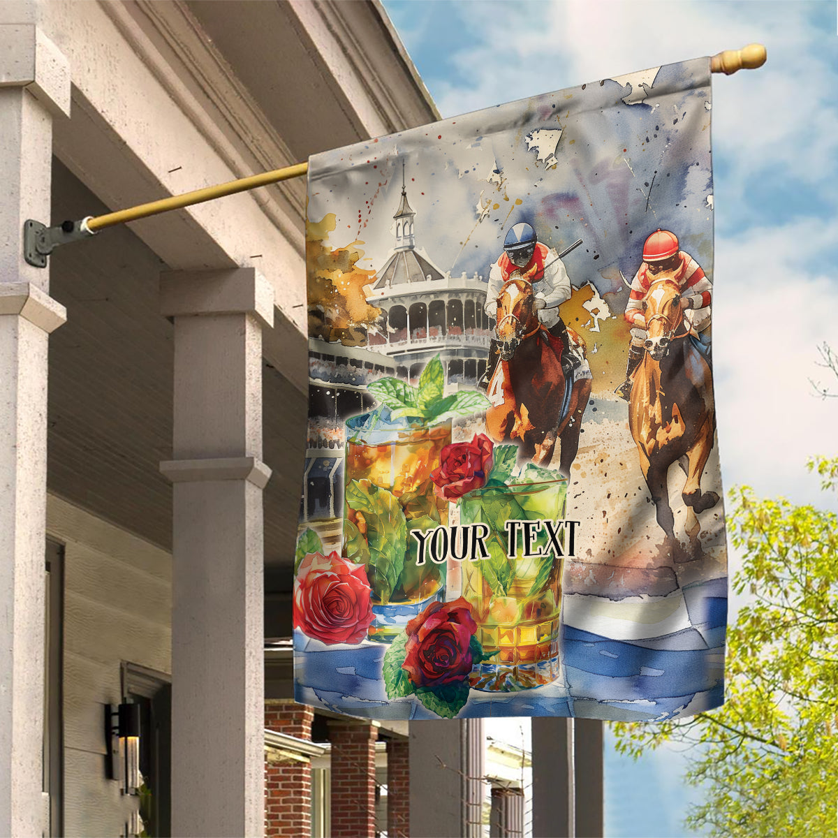 Personalized Kentucky Horse Race Garden Flag With Mint Julep Cocktail - Wonder Print Shop