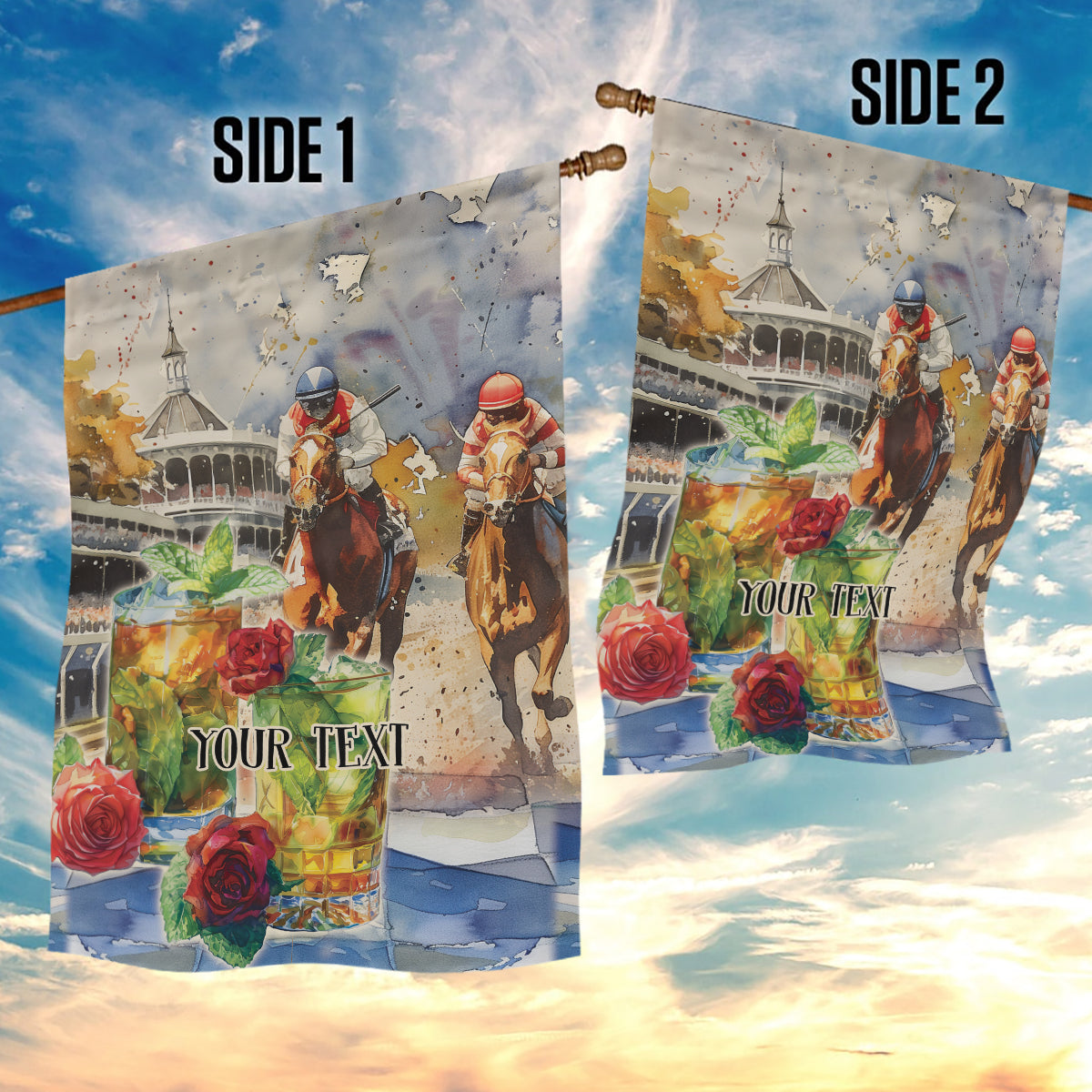 Personalized Kentucky Horse Race Garden Flag With Mint Julep Cocktail - Wonder Print Shop