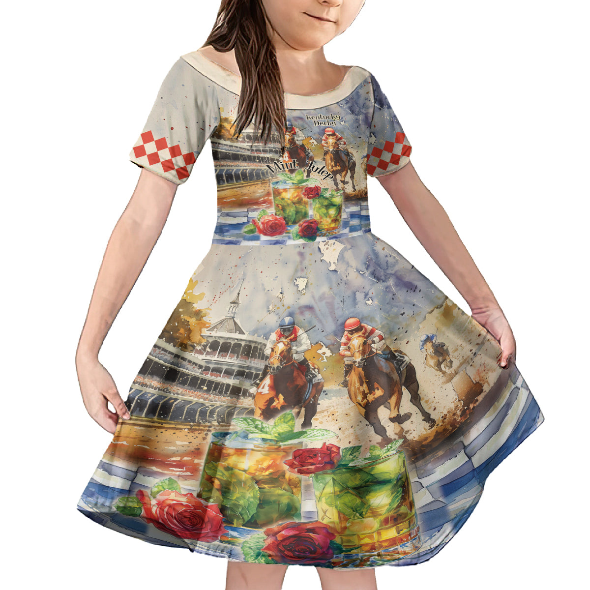 Personalized Kentucky Horse Race Kid Short Sleeve Dress With Mint Julep Cocktail - Wonder Print Shop