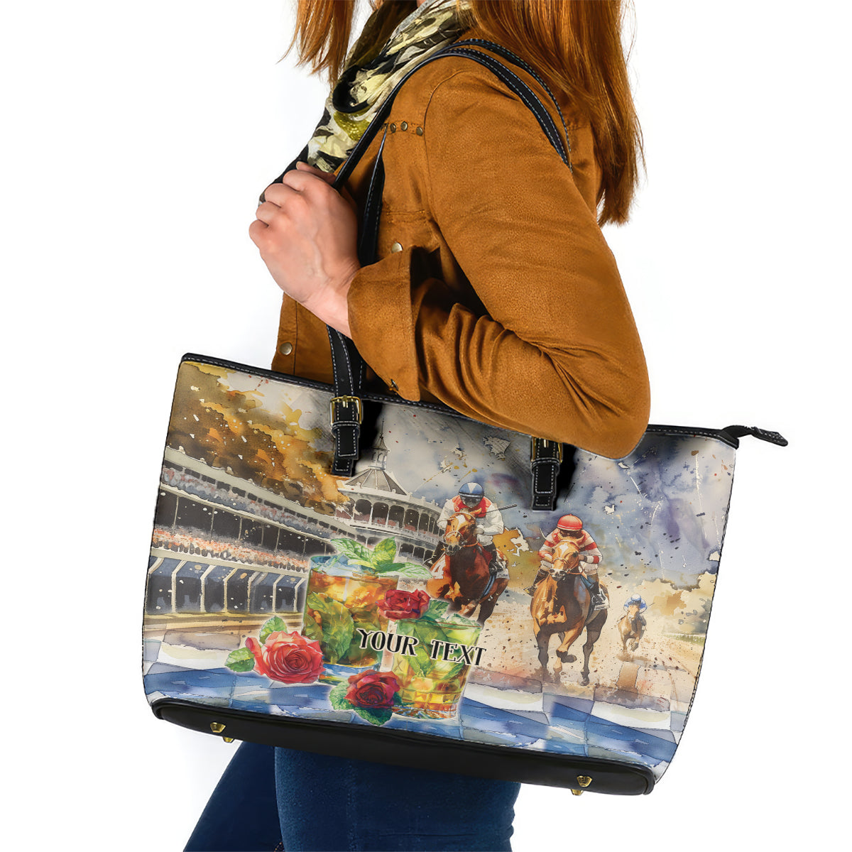 Personalized Kentucky Horse Race Leather Tote Bag With Mint Julep Cocktail - Wonder Print Shop