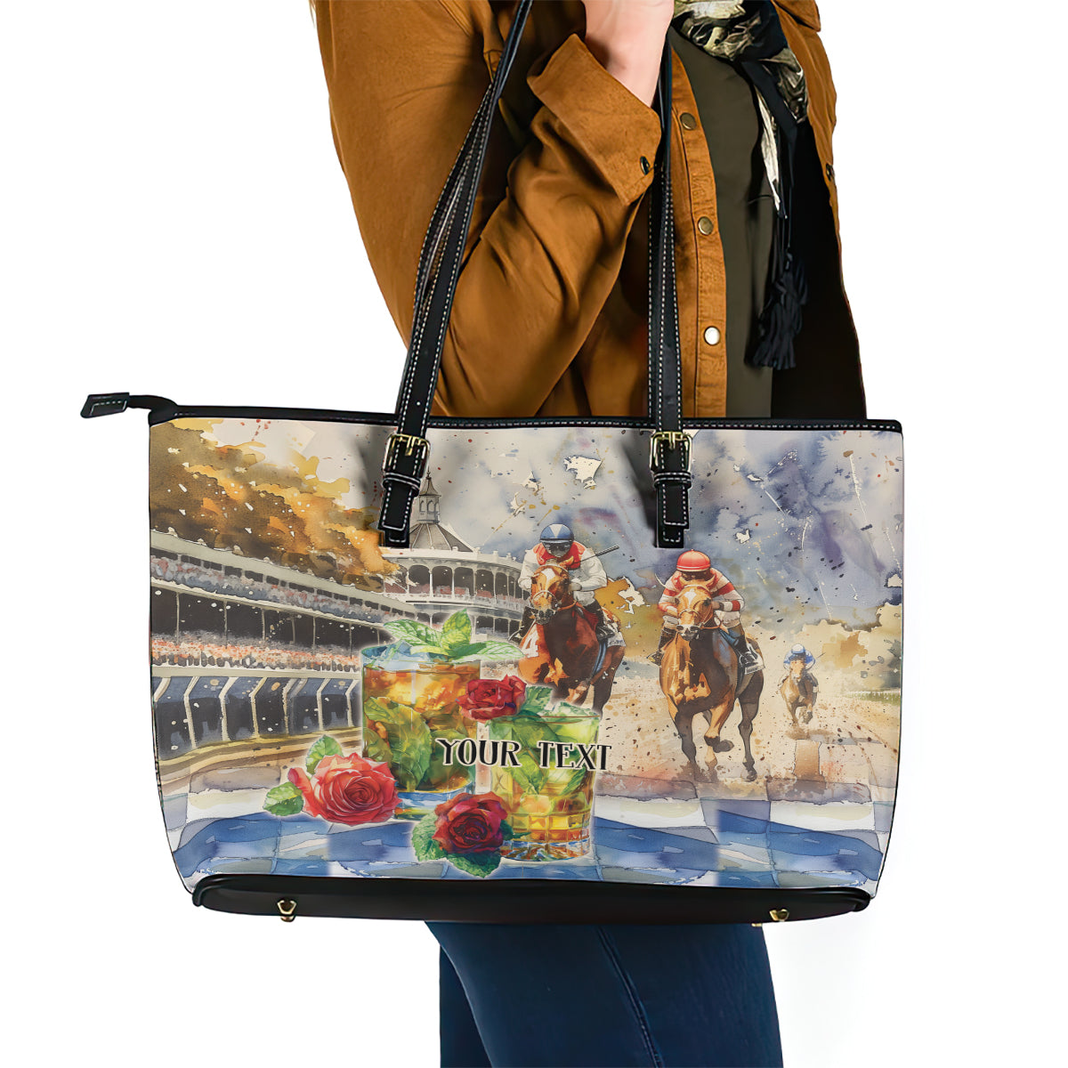 Personalized Kentucky Horse Race Leather Tote Bag With Mint Julep Cocktail - Wonder Print Shop