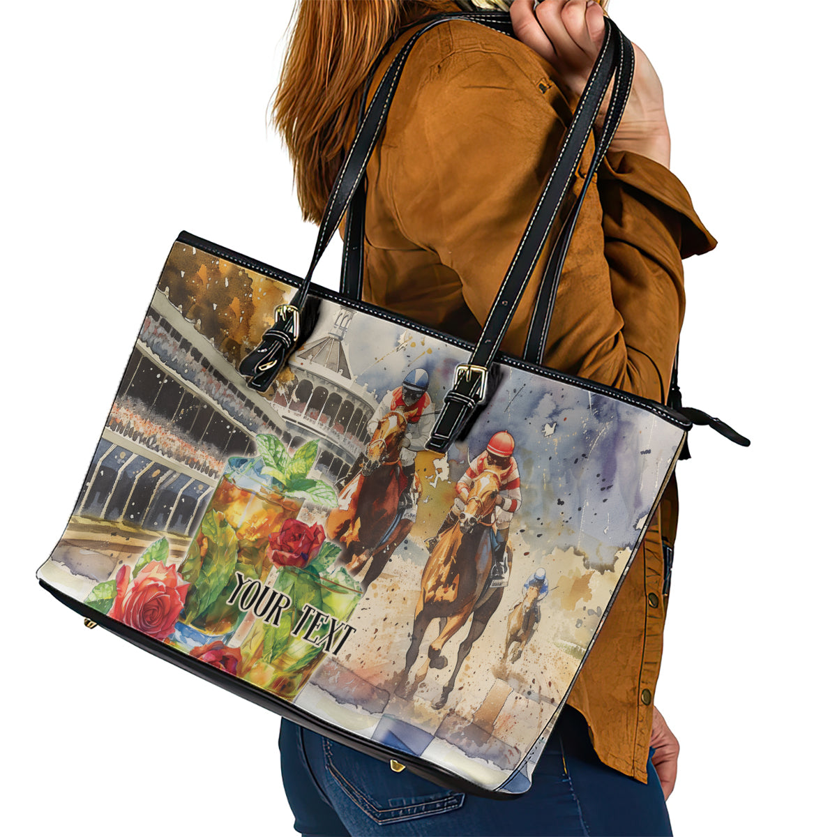 Personalized Kentucky Horse Race Leather Tote Bag With Mint Julep Cocktail - Wonder Print Shop
