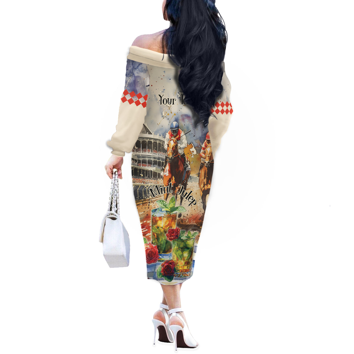 Personalized Kentucky Horse Race Off The Shoulder Long Sleeve Dress With Mint Julep Cocktail - Wonder Print Shop