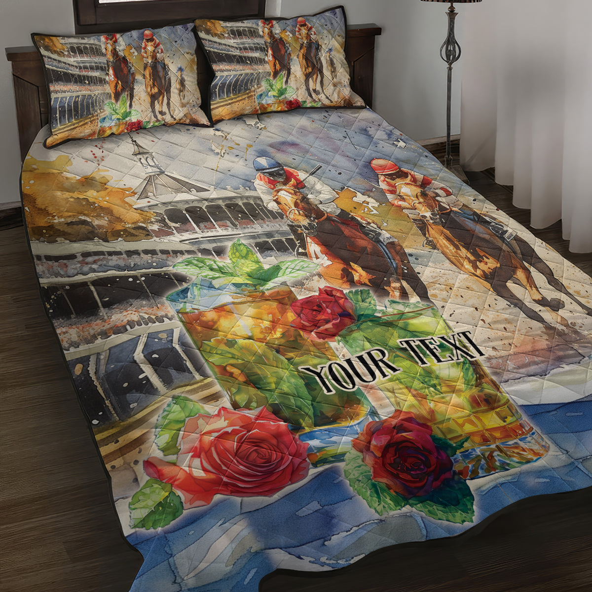Personalized Kentucky Horse Race Quilt Bed Set With Mint Julep Cocktail