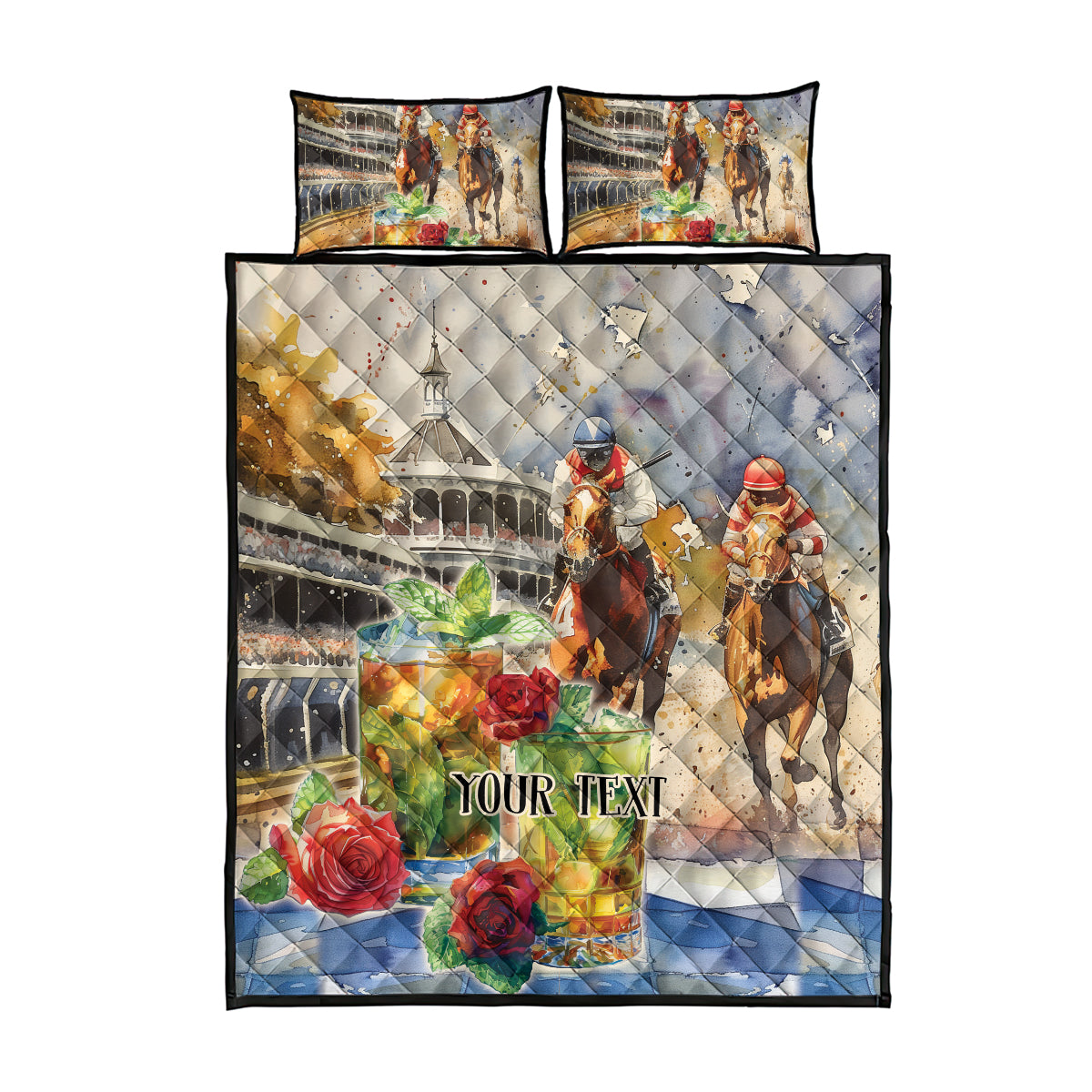 Personalized Kentucky Horse Race Quilt Bed Set With Mint Julep Cocktail - Wonder Print Shop