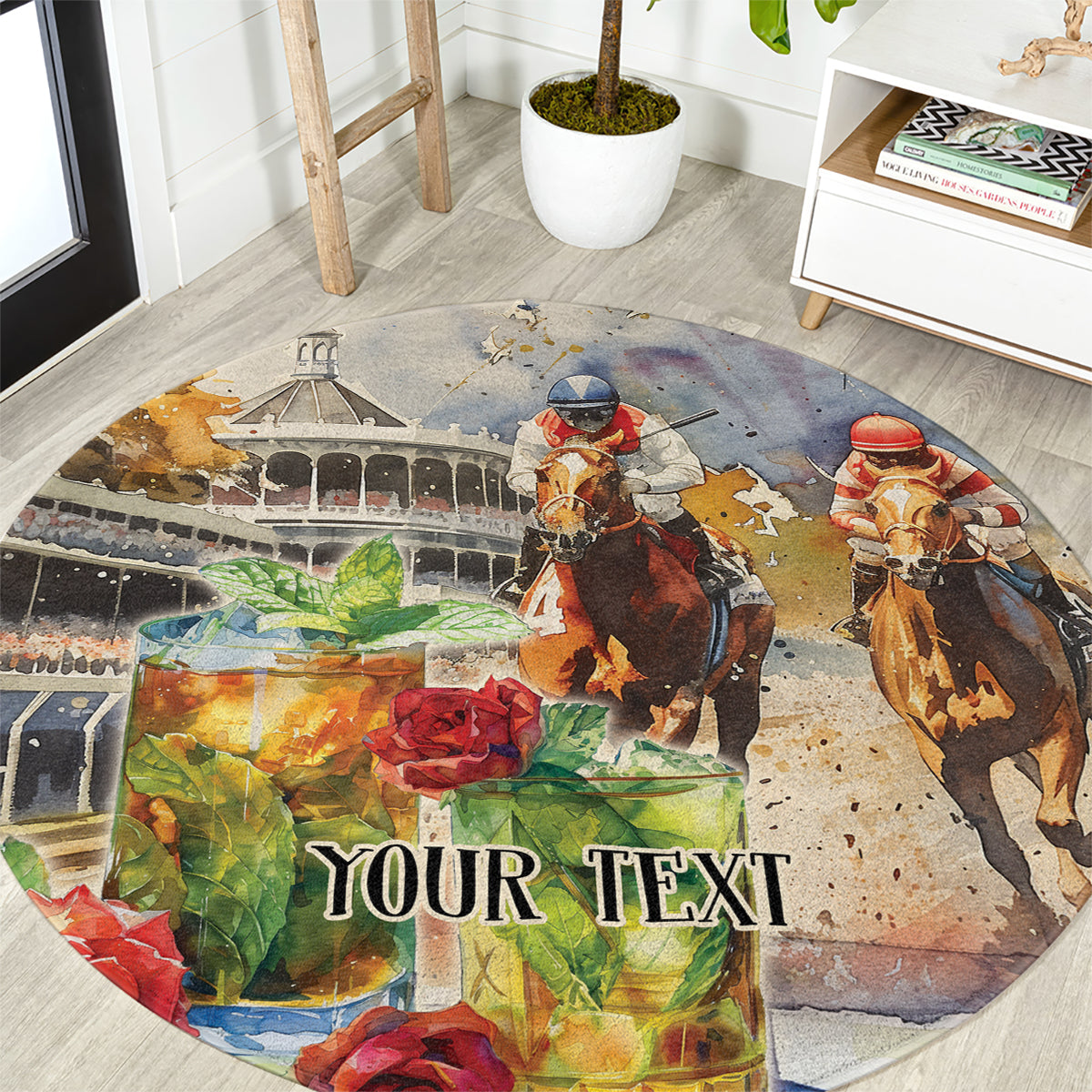 Personalized Kentucky Horse Race Round Carpet With Mint Julep Cocktail