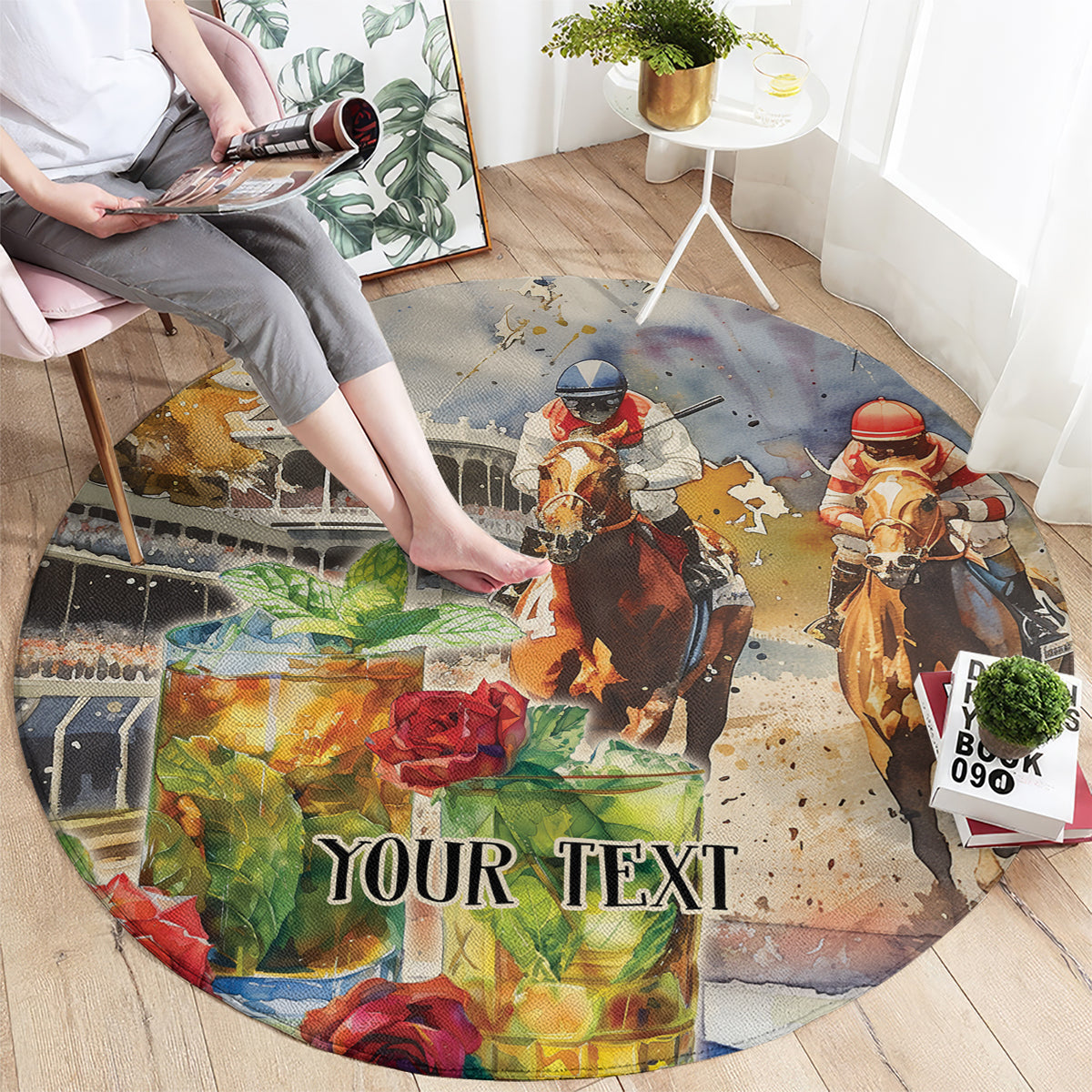 Personalized Kentucky Horse Race Round Carpet With Mint Julep Cocktail