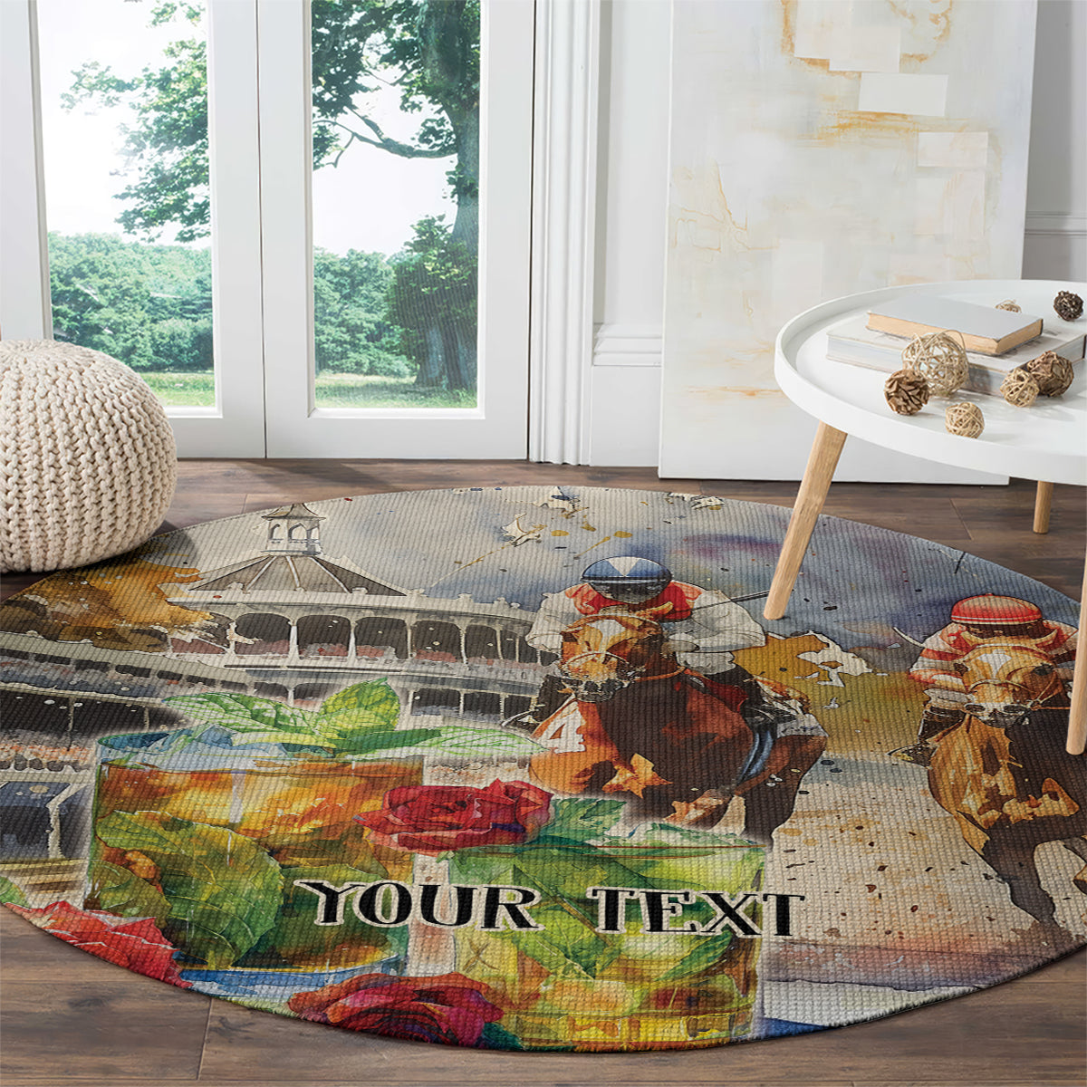 Personalized Kentucky Horse Race Round Carpet With Mint Julep Cocktail