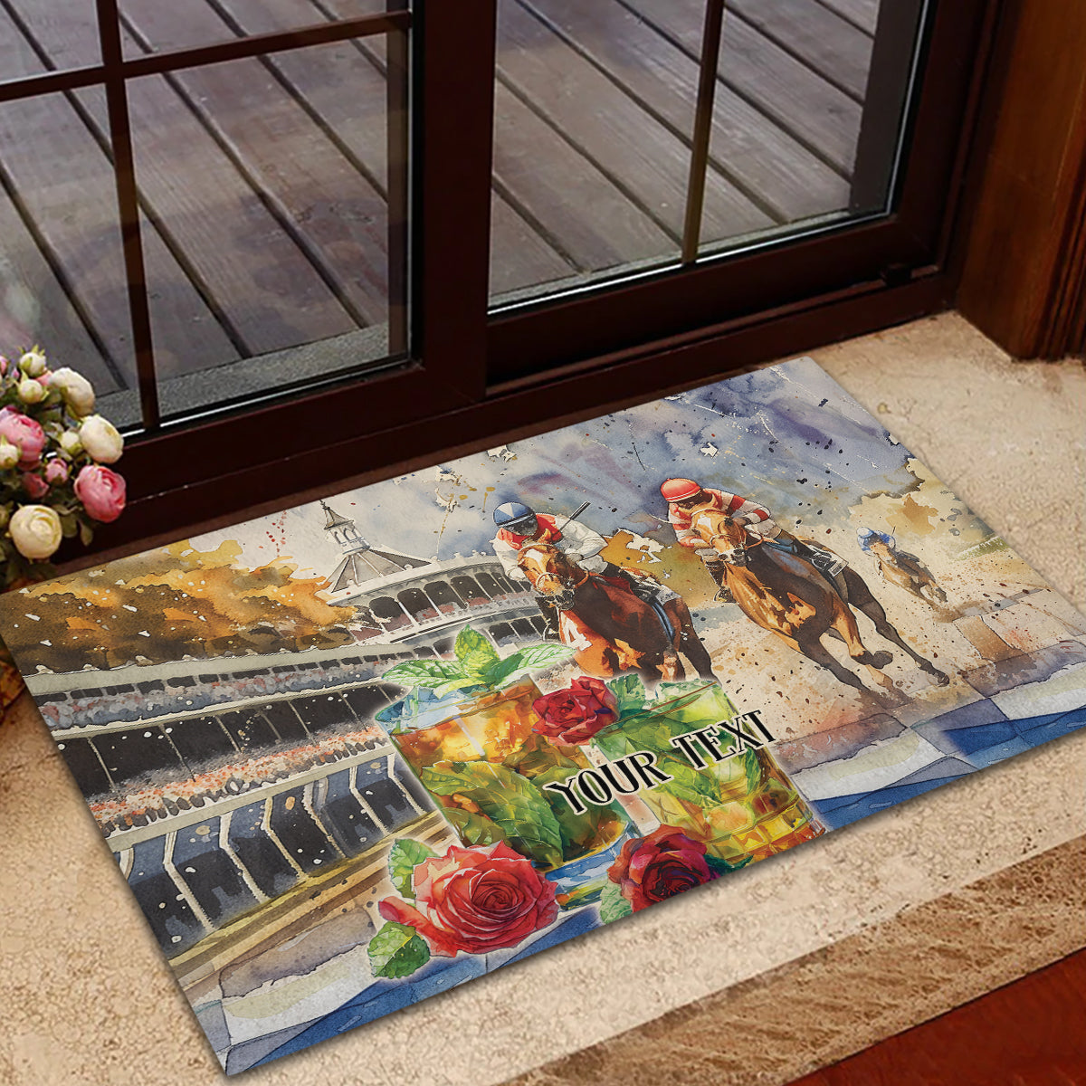 Personalized Kentucky Horse Race Rubber Doormat With Mint Julep Cocktail - Wonder Print Shop