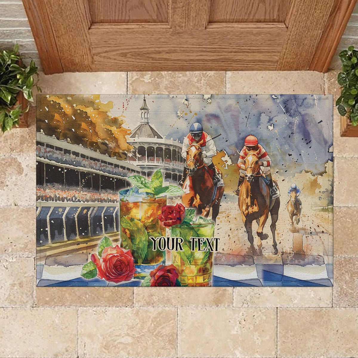 Personalized Kentucky Horse Race Rubber Doormat With Mint Julep Cocktail - Wonder Print Shop