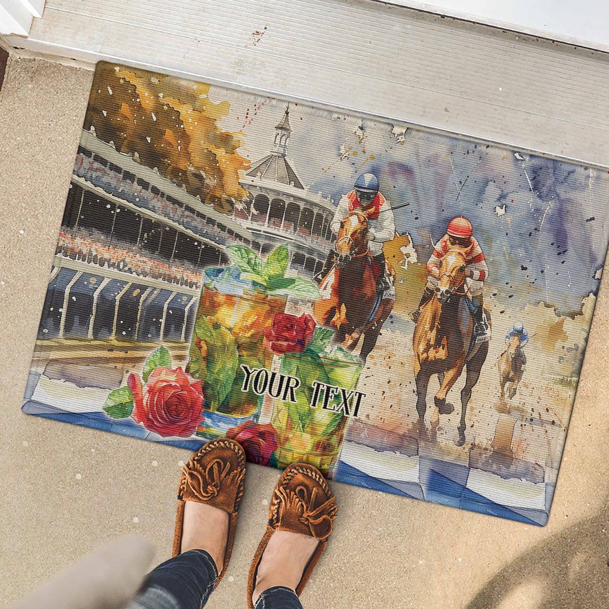 Personalized Kentucky Horse Race Rubber Doormat With Mint Julep Cocktail - Wonder Print Shop