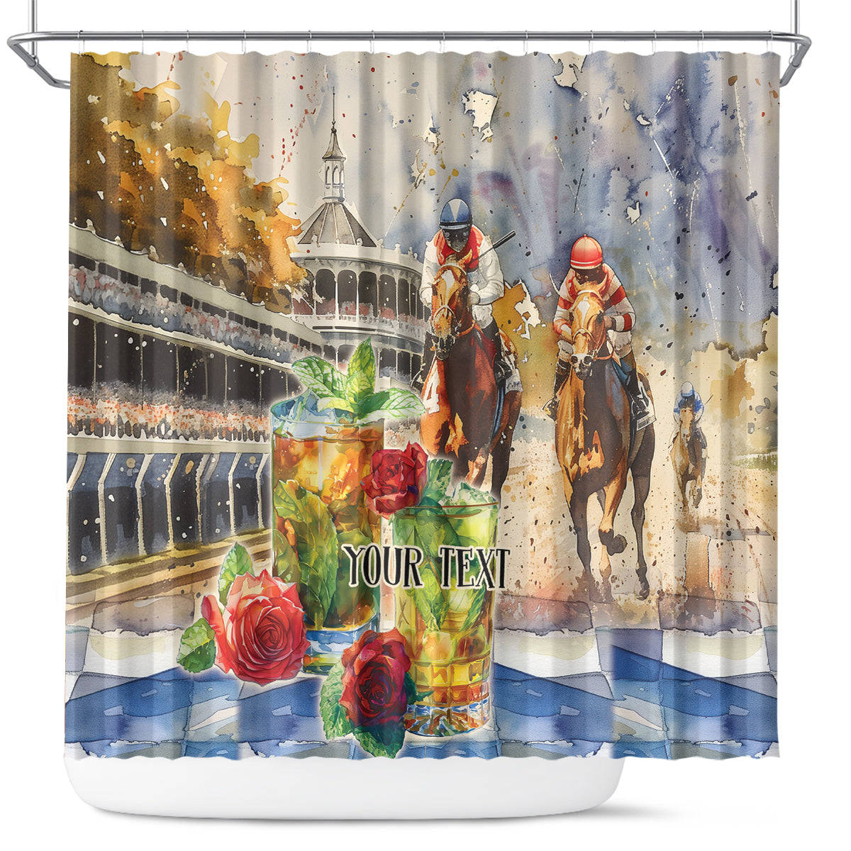 Personalized Kentucky Horse Race Shower Curtain With Mint Julep Cocktail
