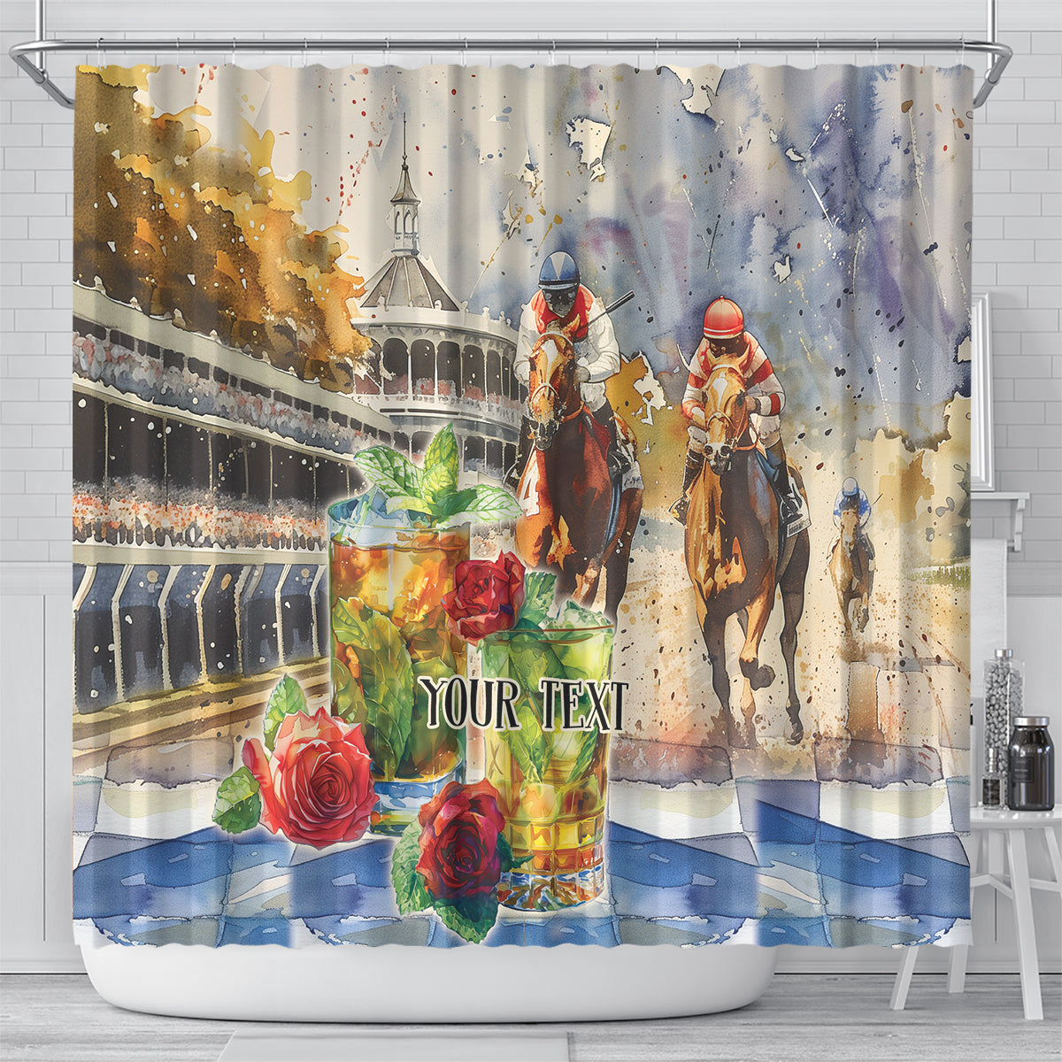Personalized Kentucky Horse Race Shower Curtain With Mint Julep Cocktail