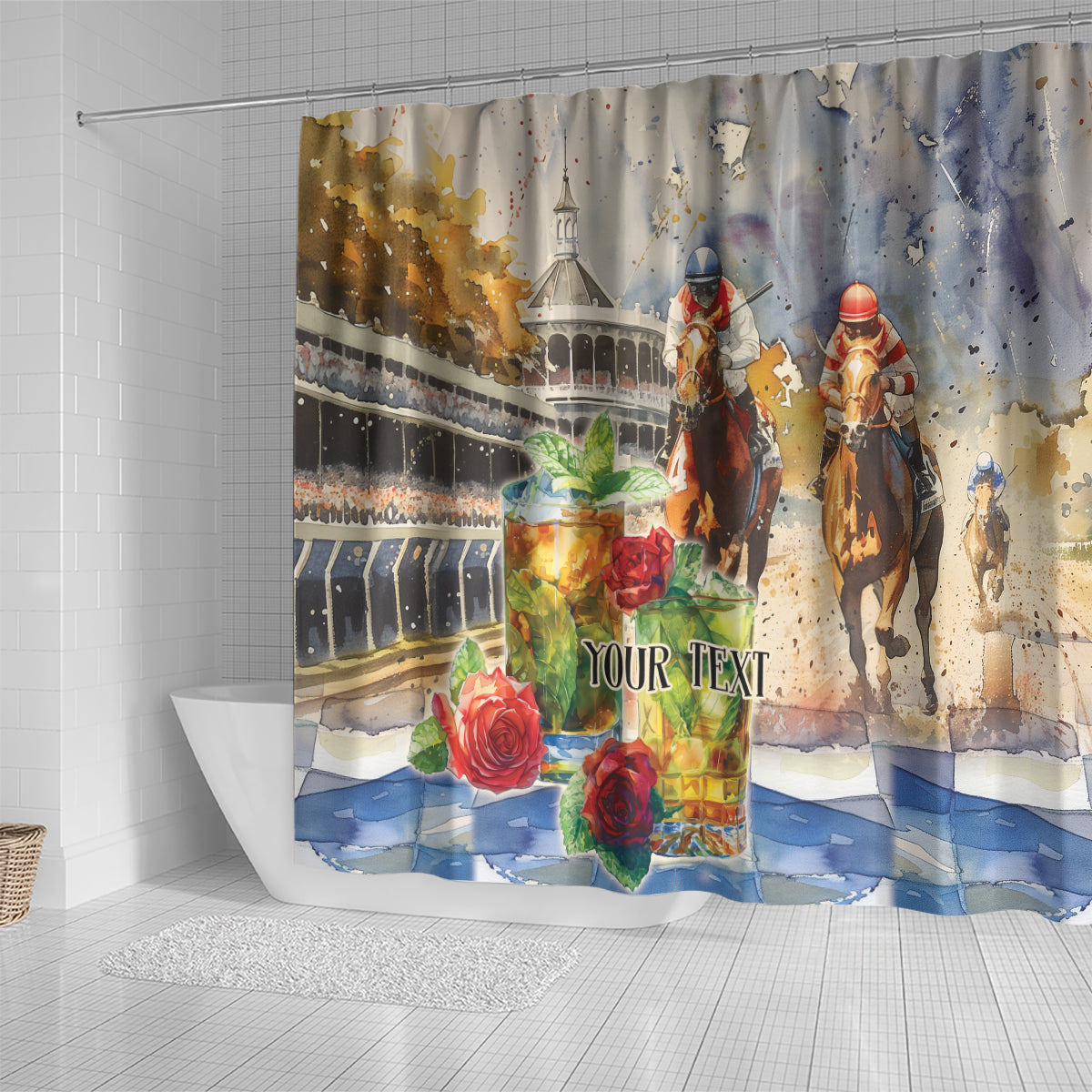 Personalized Kentucky Horse Race Shower Curtain With Mint Julep Cocktail