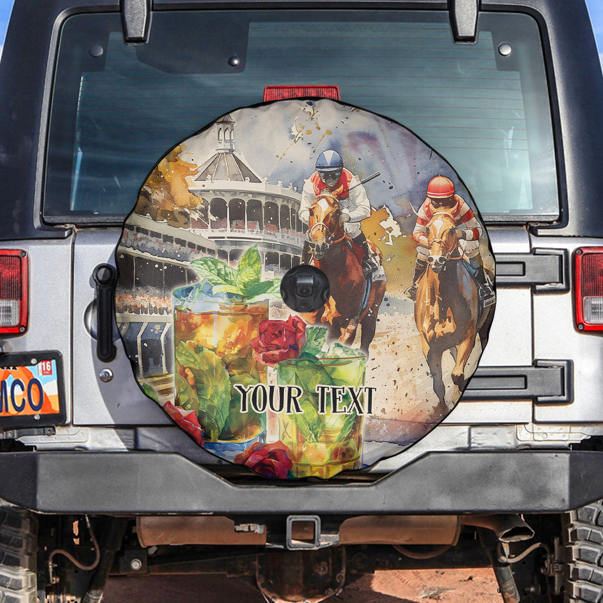 Personalized Kentucky Horse Race Spare Tire Cover With Mint Julep Cocktail