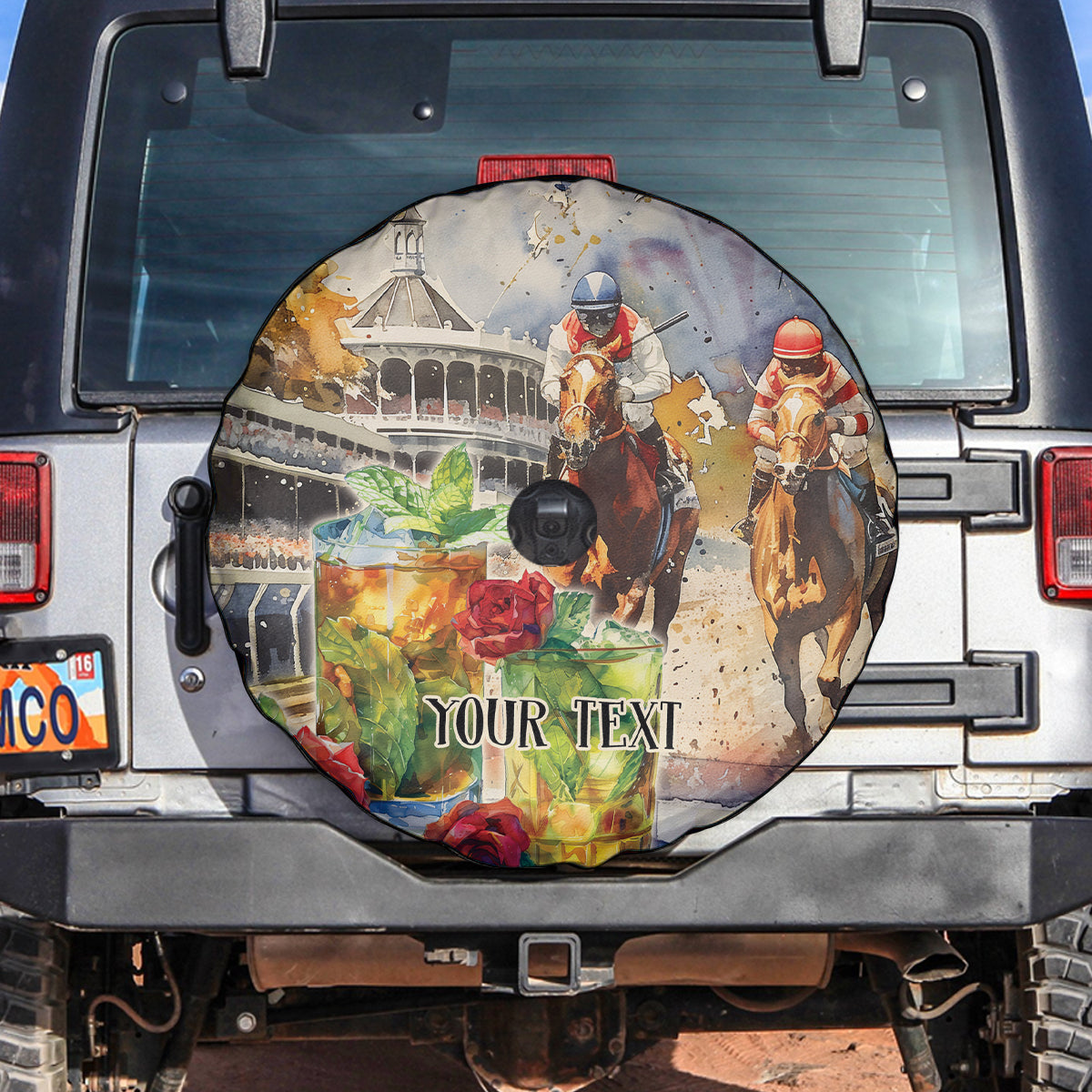 Personalized Kentucky Horse Race Spare Tire Cover With Mint Julep Cocktail - Wonder Print Shop