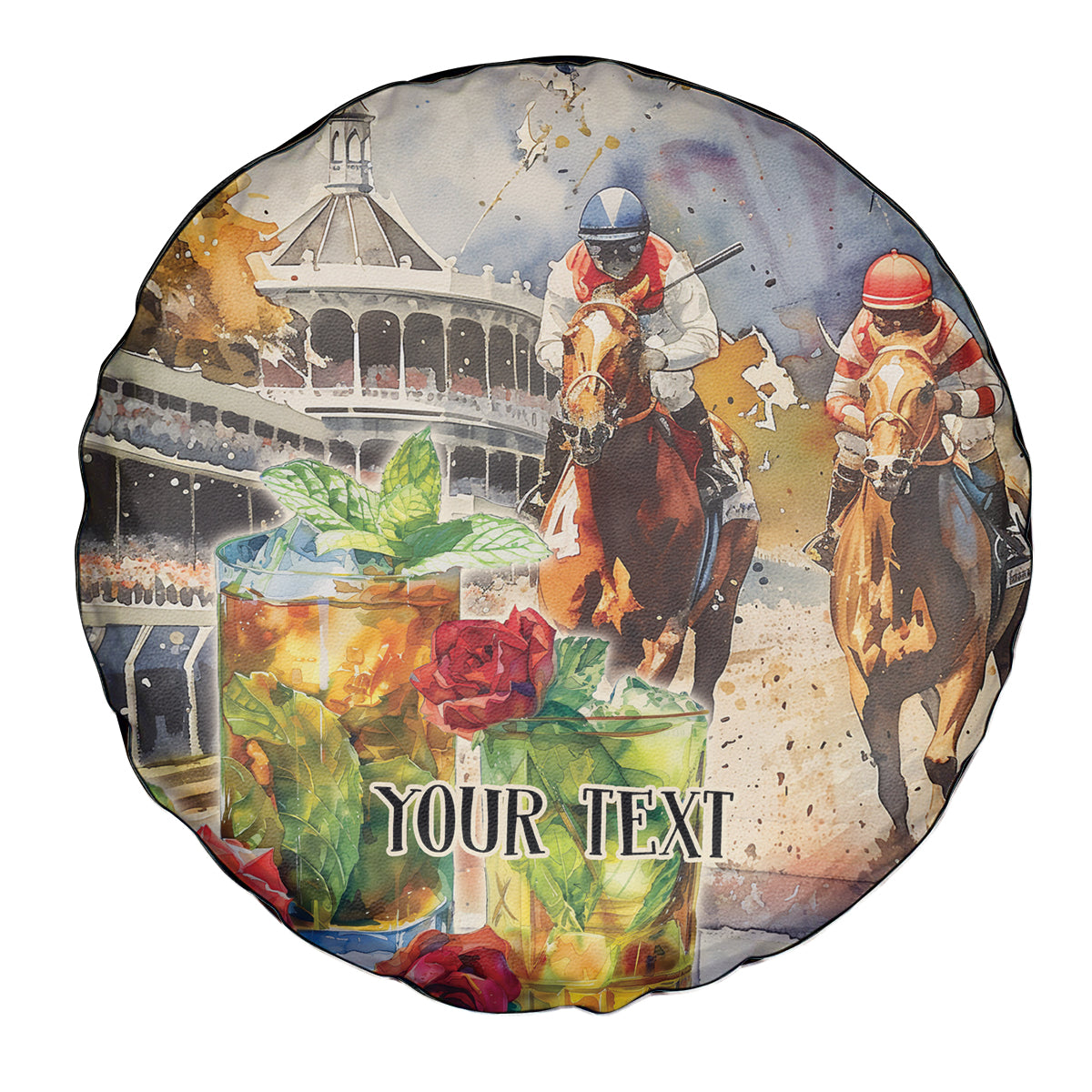 Personalized Kentucky Horse Race Spare Tire Cover With Mint Julep Cocktail - Wonder Print Shop