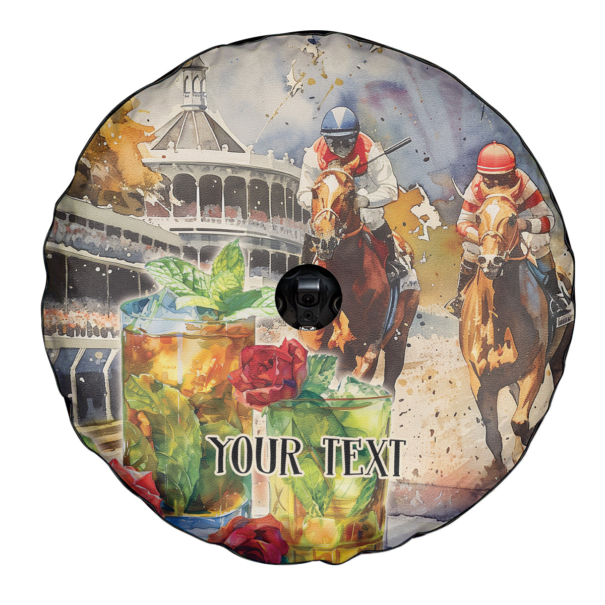 Personalized Kentucky Horse Race Spare Tire Cover With Mint Julep Cocktail - Wonder Print Shop
