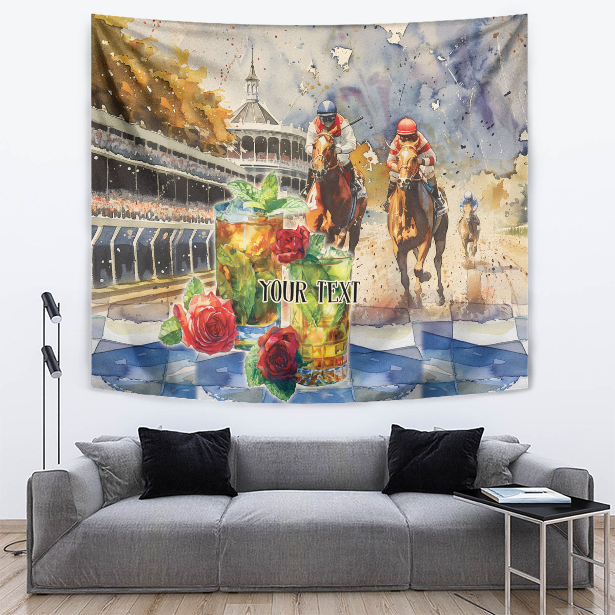 Personalized Kentucky Horse Race Tapestry With Mint Julep Cocktail - Wonder Print Shop