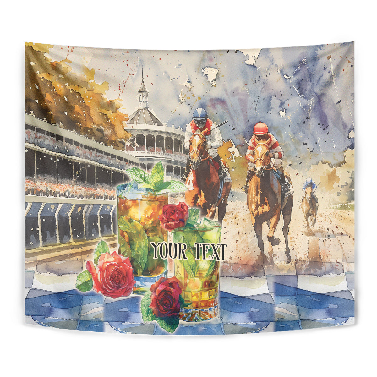 Personalized Kentucky Horse Race Tapestry With Mint Julep Cocktail - Wonder Print Shop