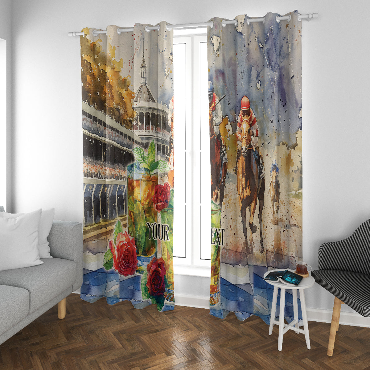 Personalized Kentucky Horse Race Window Curtain With Mint Julep Cocktail - Wonder Print Shop