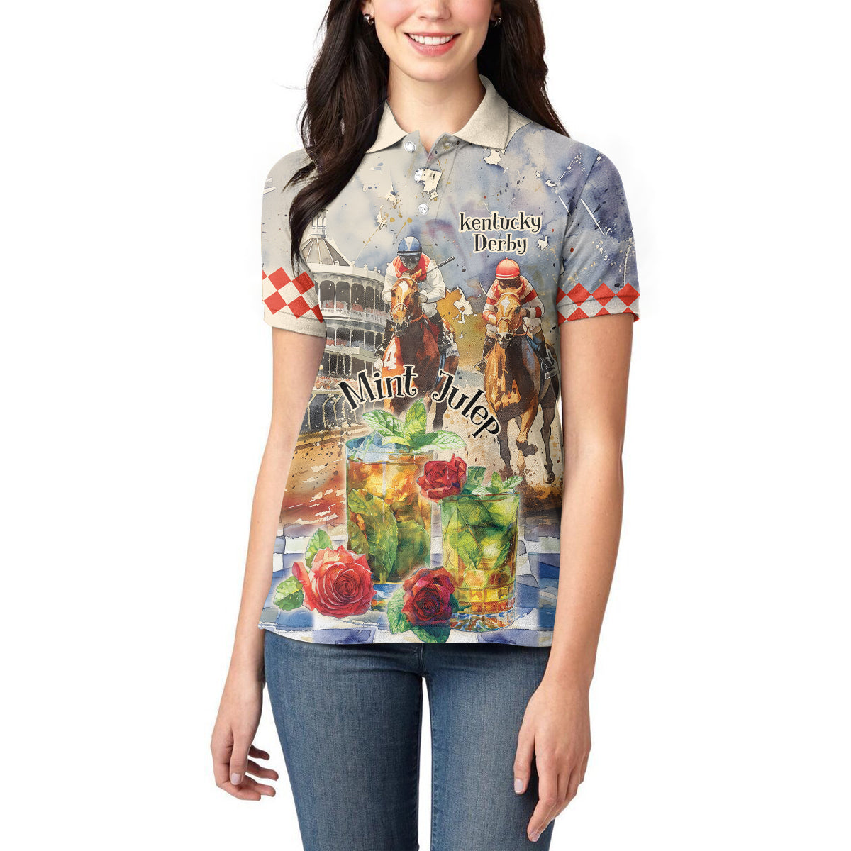 Personalized Kentucky Horse Race Women Polo Shirt With Mint Julep Cocktail - Wonder Print Shop