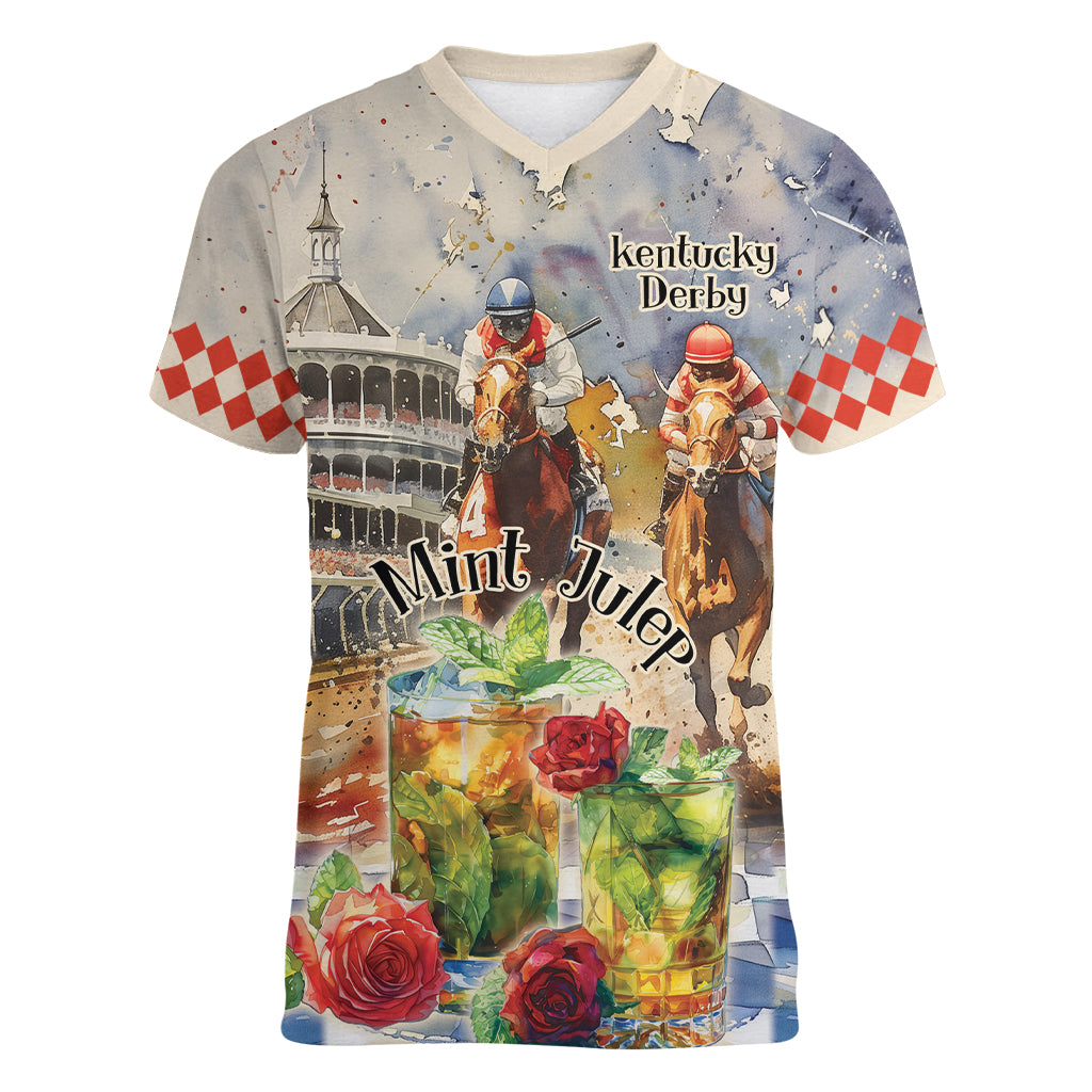Personalized Kentucky Horse Race Women V-Neck T-Shirt With Mint Julep Cocktail - Wonder Print Shop