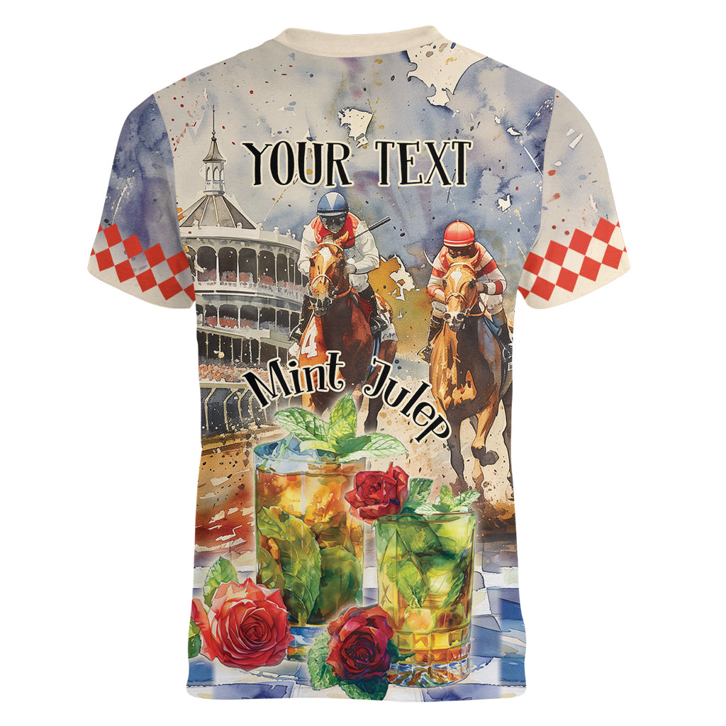 Personalized Kentucky Horse Race Women V-Neck T-Shirt With Mint Julep Cocktail - Wonder Print Shop