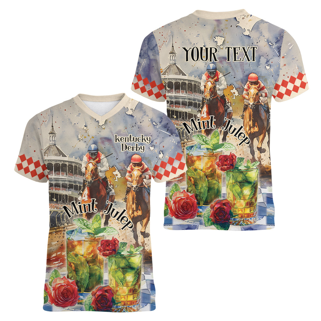 Personalized Kentucky Horse Race Women V-Neck T-Shirt With Mint Julep Cocktail - Wonder Print Shop