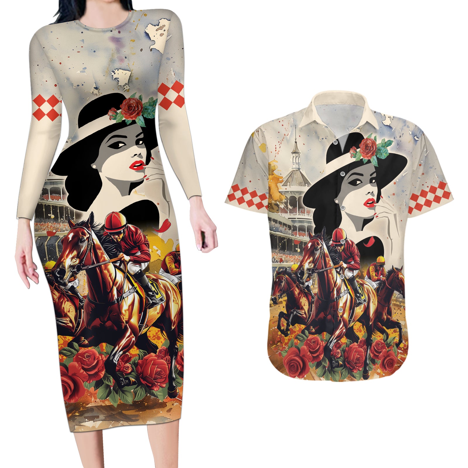 Personalized Kentucky Ladies Couples Matching Long Sleeve Bodycon Dress and Hawaiian Shirt The Run For The Roses Derby LT9 - Wonder Print Shop